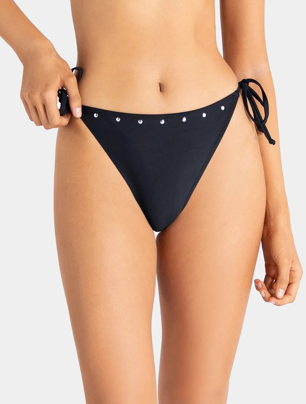 Marie France Black Women Belisse Bronze Stud Mid-Rise Side-Tie Bikini Bottom SKU: BWBELISSEBOTTOM_Black Image 01