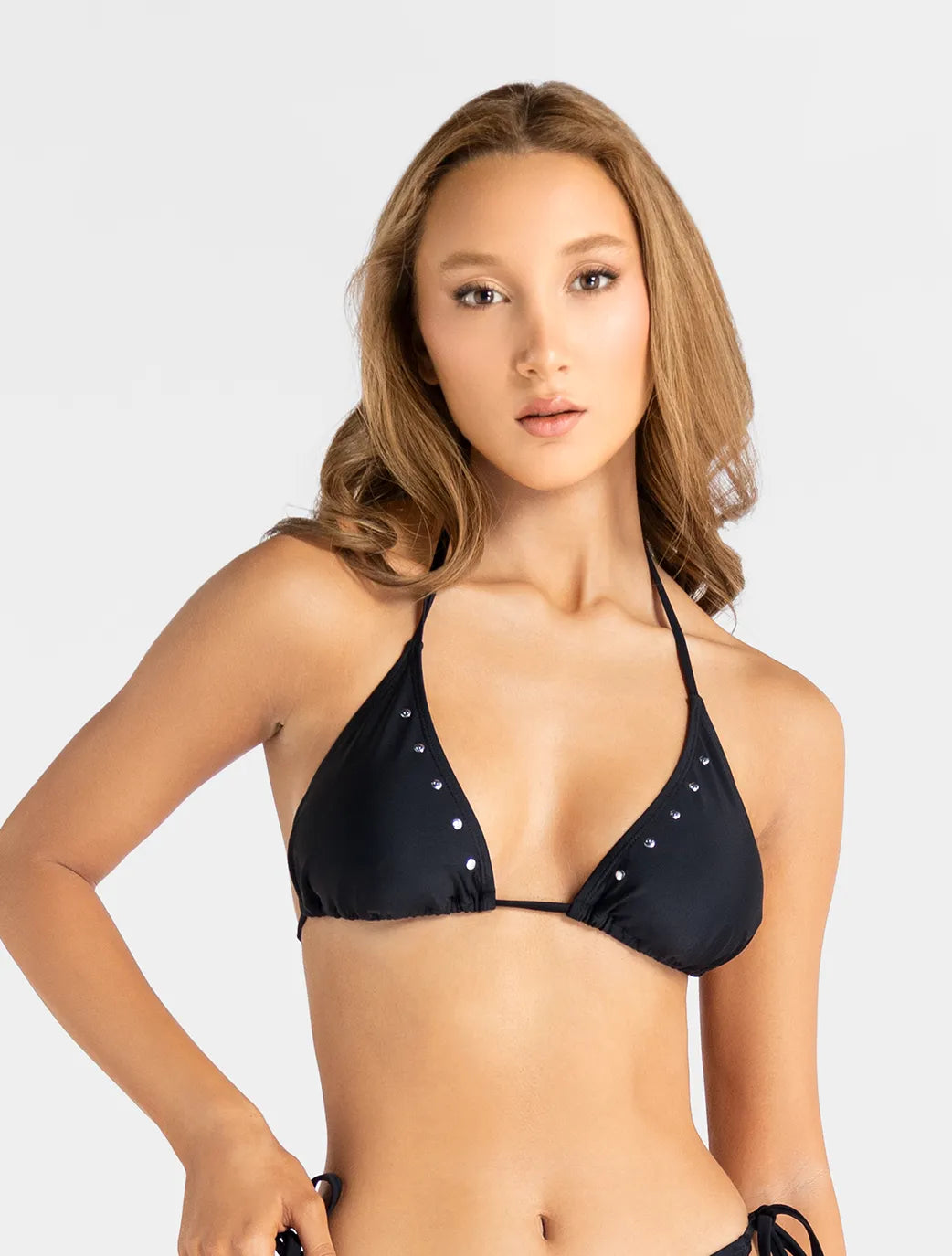 Marie France Black Women Belisse Triangle Bronze Stud Halter Bikini Top SKU: BWBELISSETOP_Black Image 01