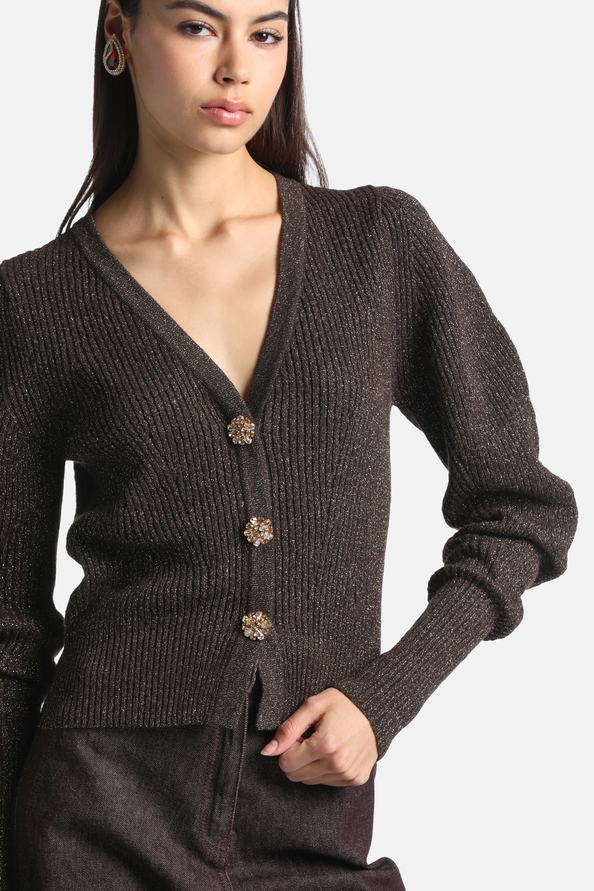Luisa Spagnoli Marrone/Oro Women Cavina Cardigan with Jewelled Buttons SKU: CAVINA_0952 0428 Image 03