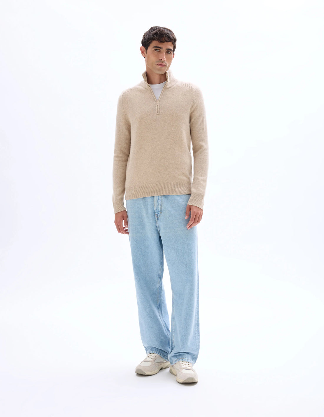 Celio_Beige_100% Lambswool Zip-Neck Sweater_CEWOOLCAM_BEIGE_02