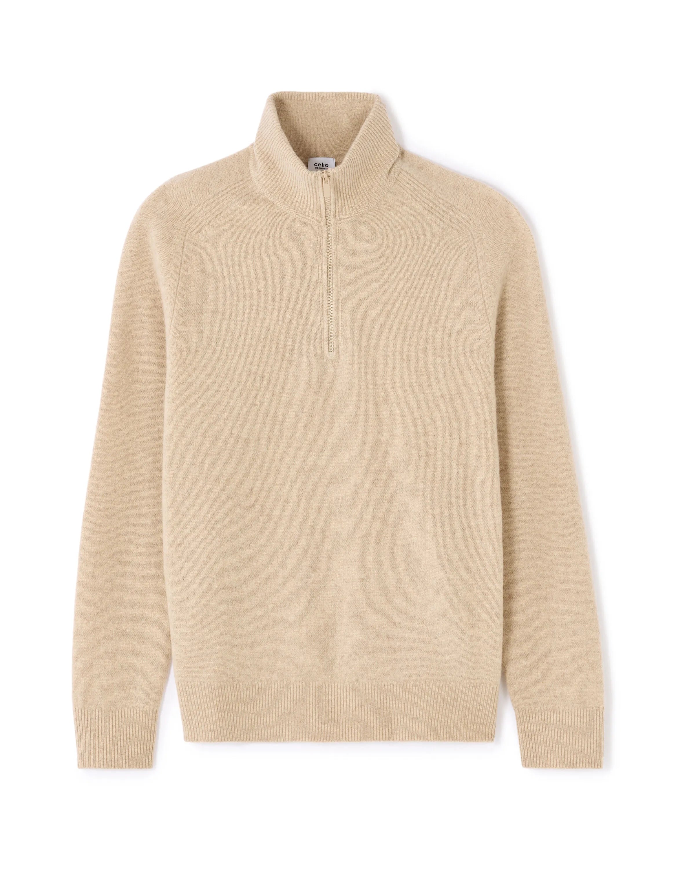 Celio_Beige_100% Lambswool Zip-Neck Sweater_CEWOOLCAM_BEIGE_05