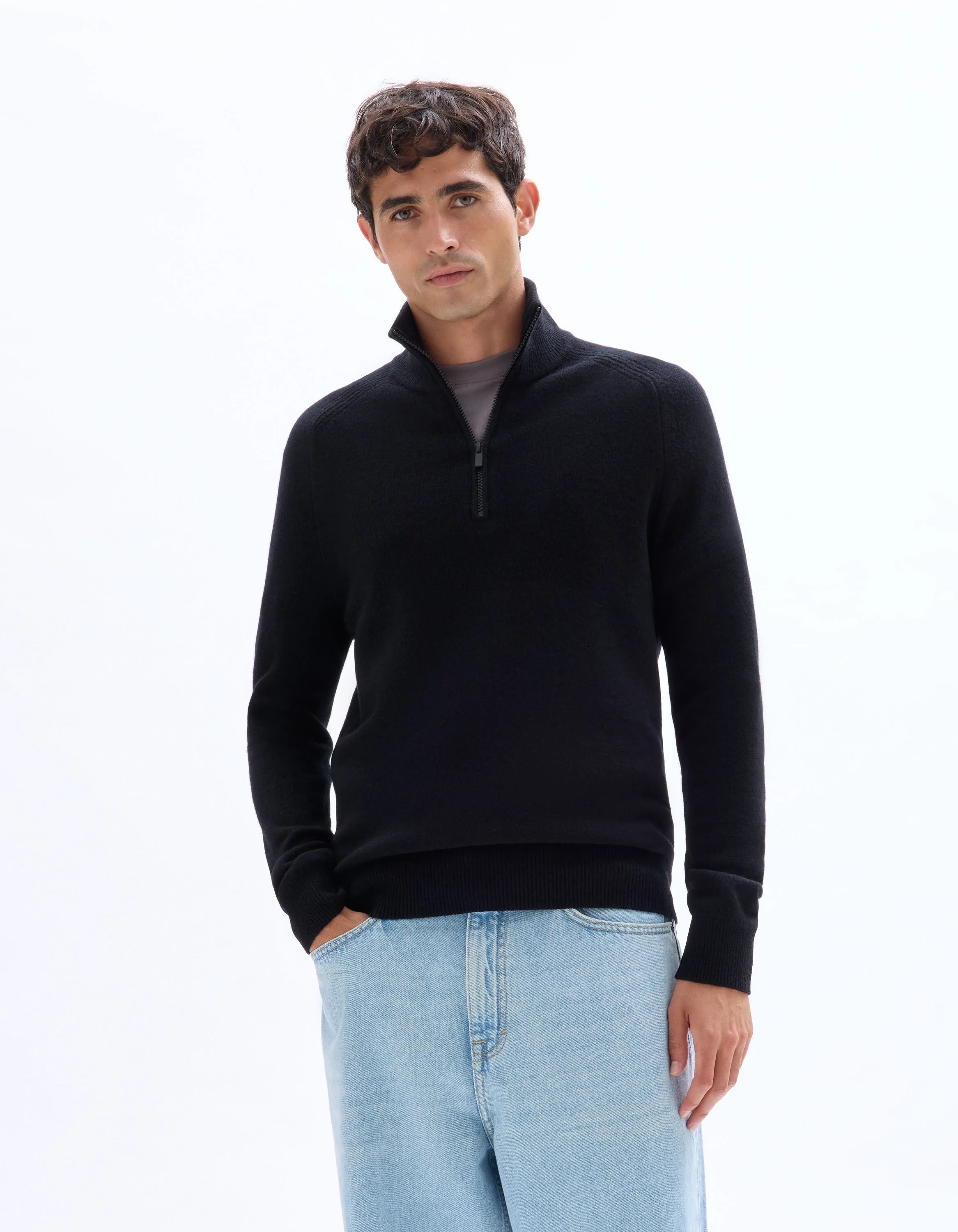 Celio_Black_100% Lambswool Zip-Neck Sweater_CEWOOLCAM_BLACK_01