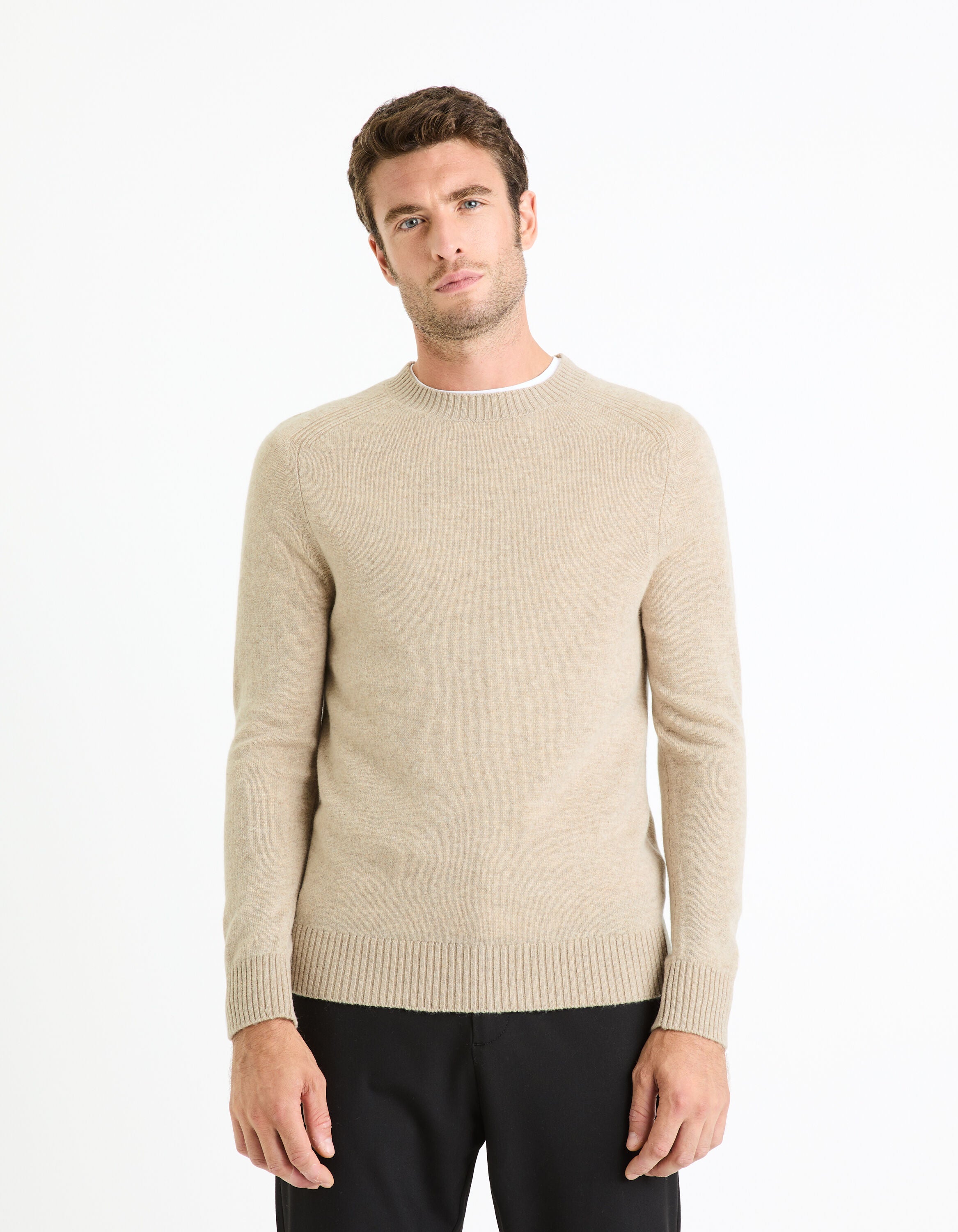 100% Lambswool Zip-Neck Sweater - Beige - BEVAVA