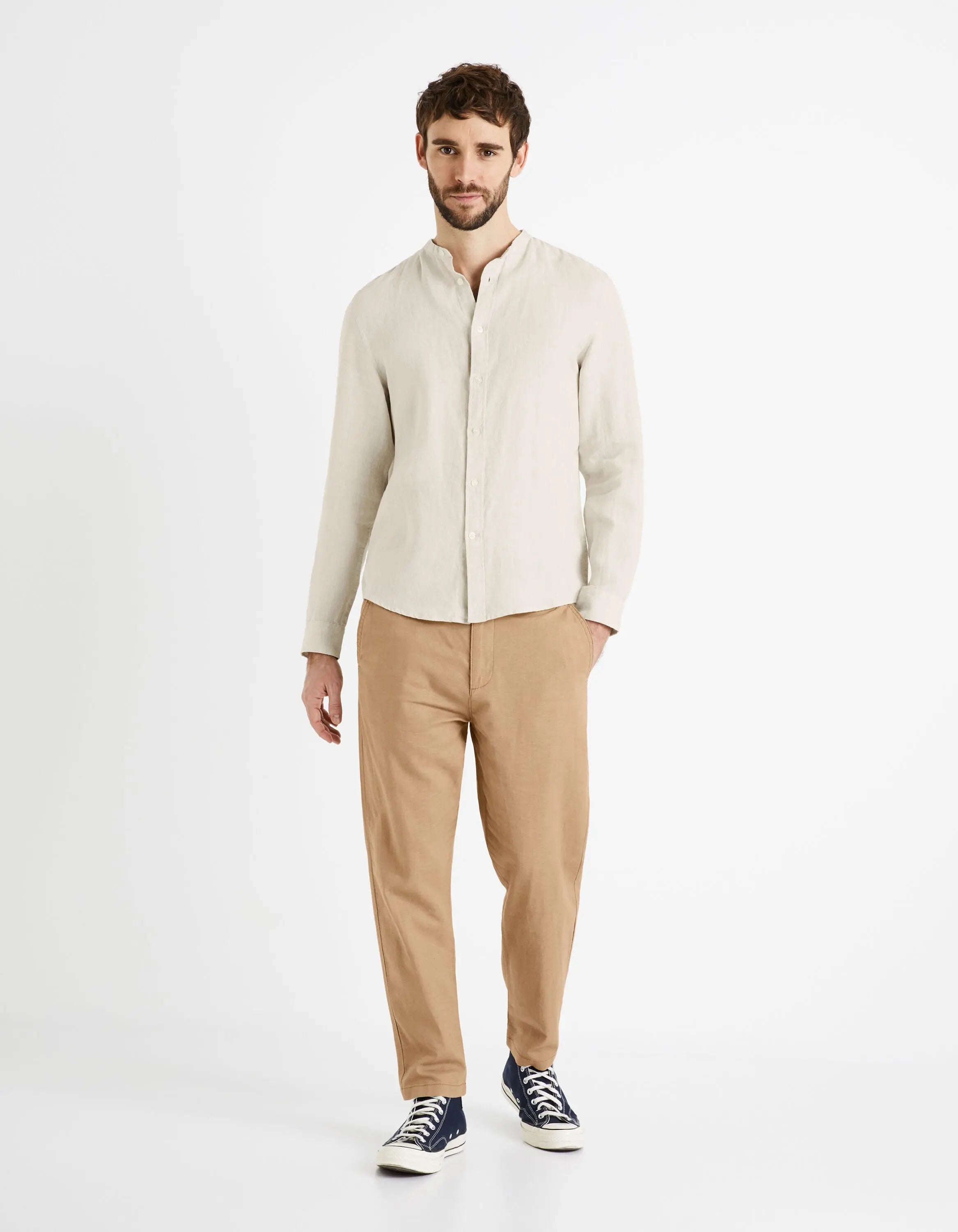 Regular Linen Shirt With Mandarin Collar - Ecru_03