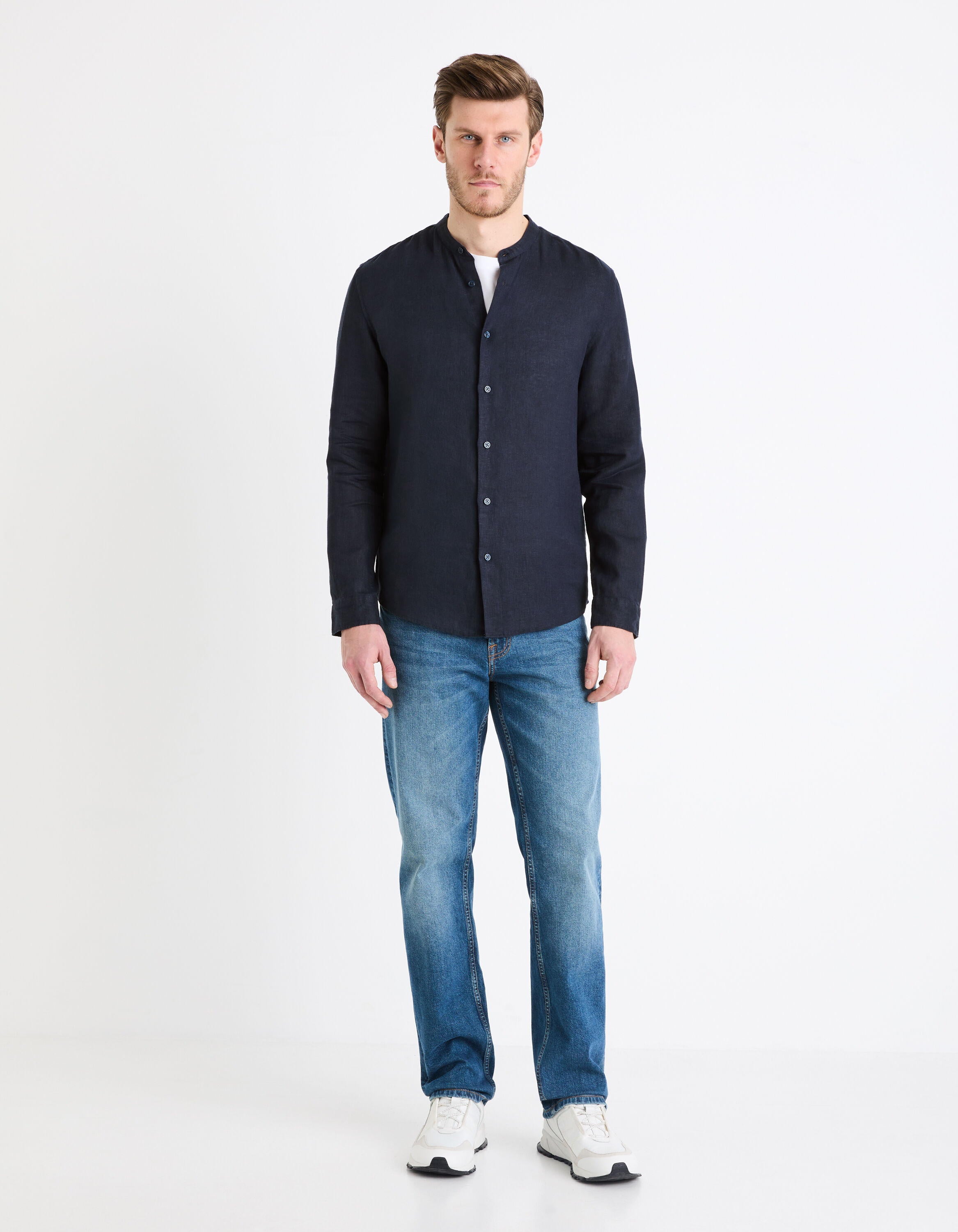 100% LinenRegular Shirt With Mandarin Collar_DAMAOLIN_NAVY_03