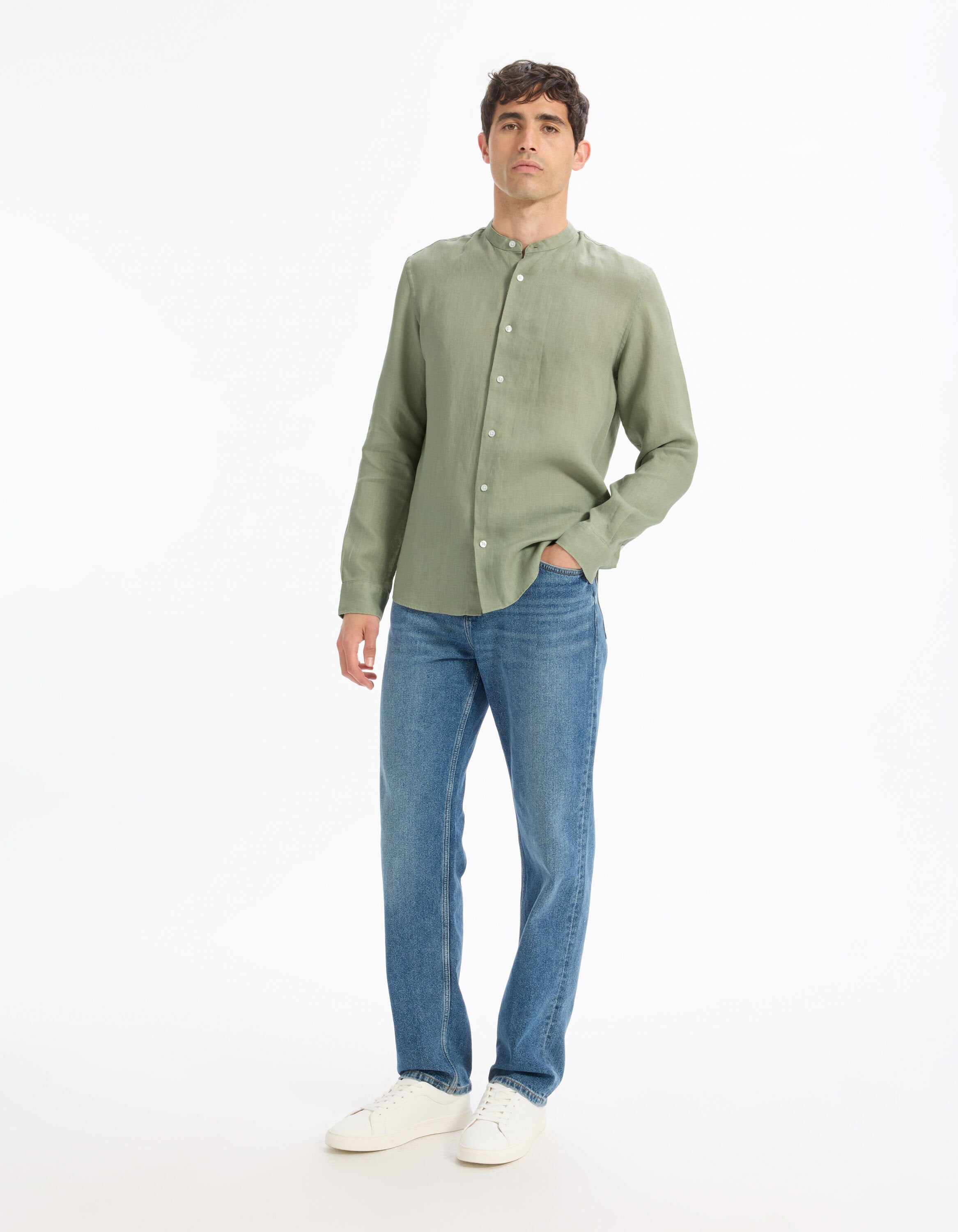 Celio_Sage Green Regular Shirt with Mao Collar 100% Linen_DAMAOLIN_VERT SAUGE_01