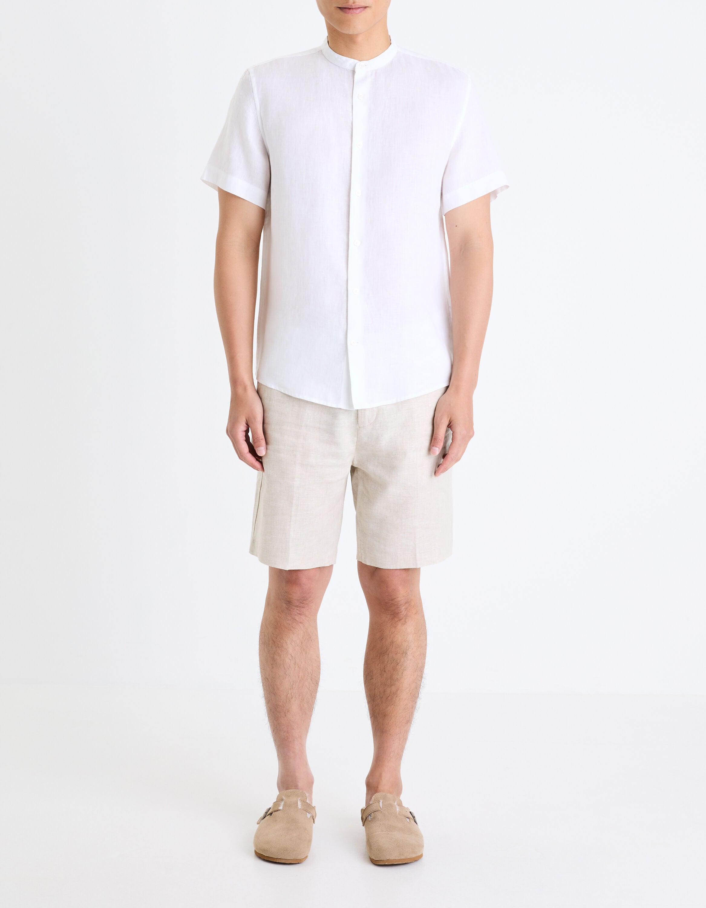 Regular Shirt With Mandarin Collar 100% Linen - White_03
