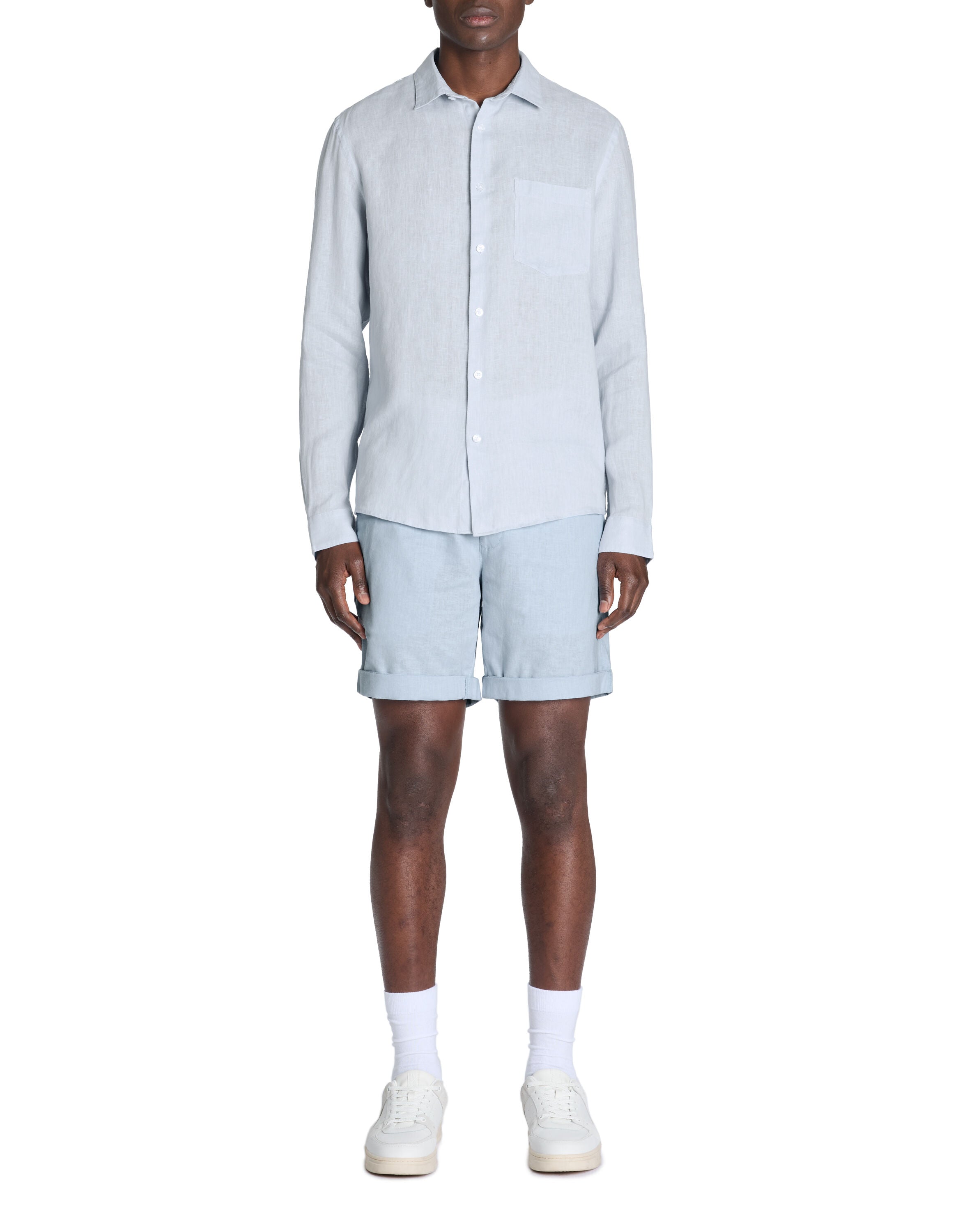 Linen-Cotton Bermuda Shorts - Light Blue - BEVAVA