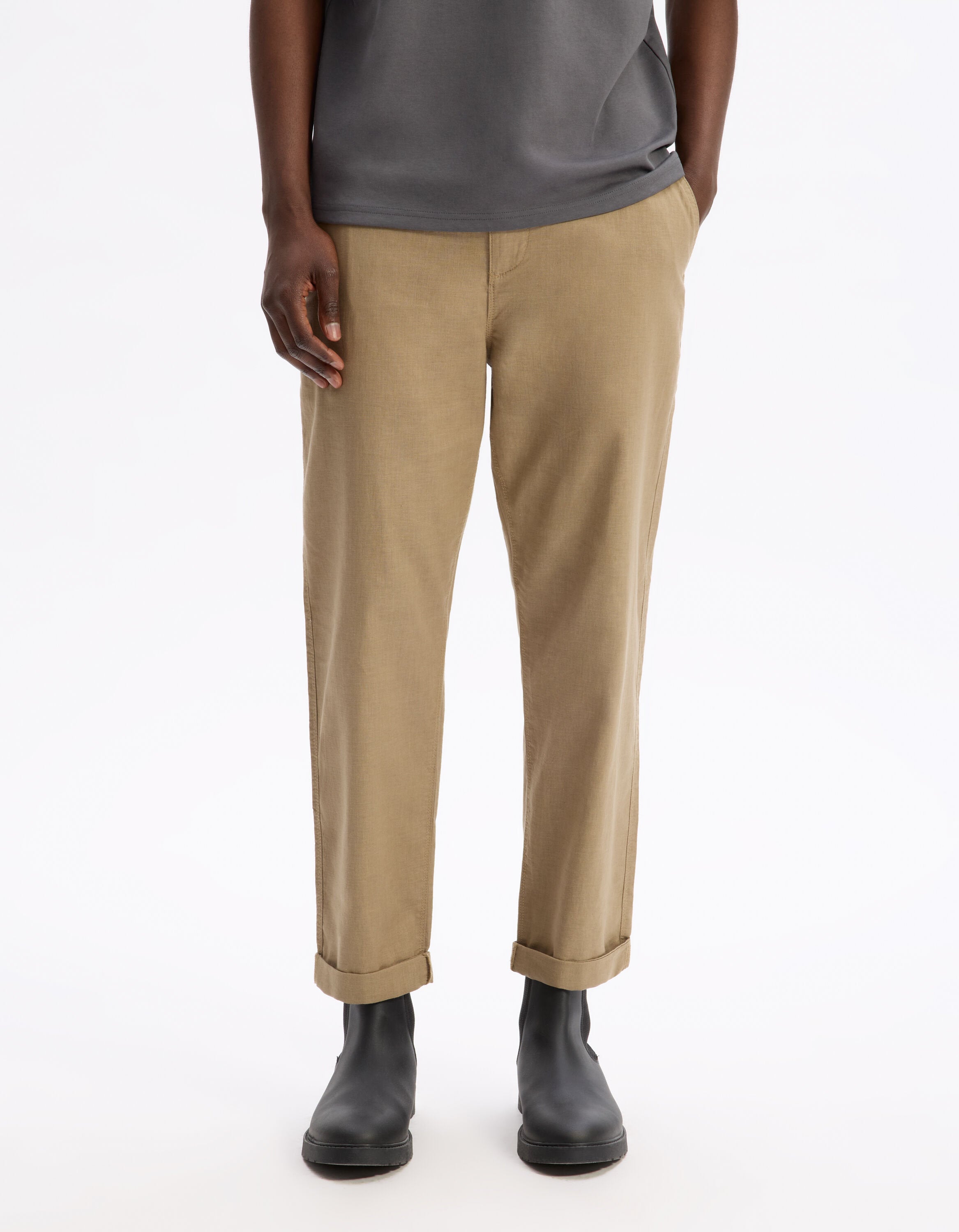 Celio_Taupe Straight Linen and Cotton Trousers_DOLINCO_TAUPE_02
