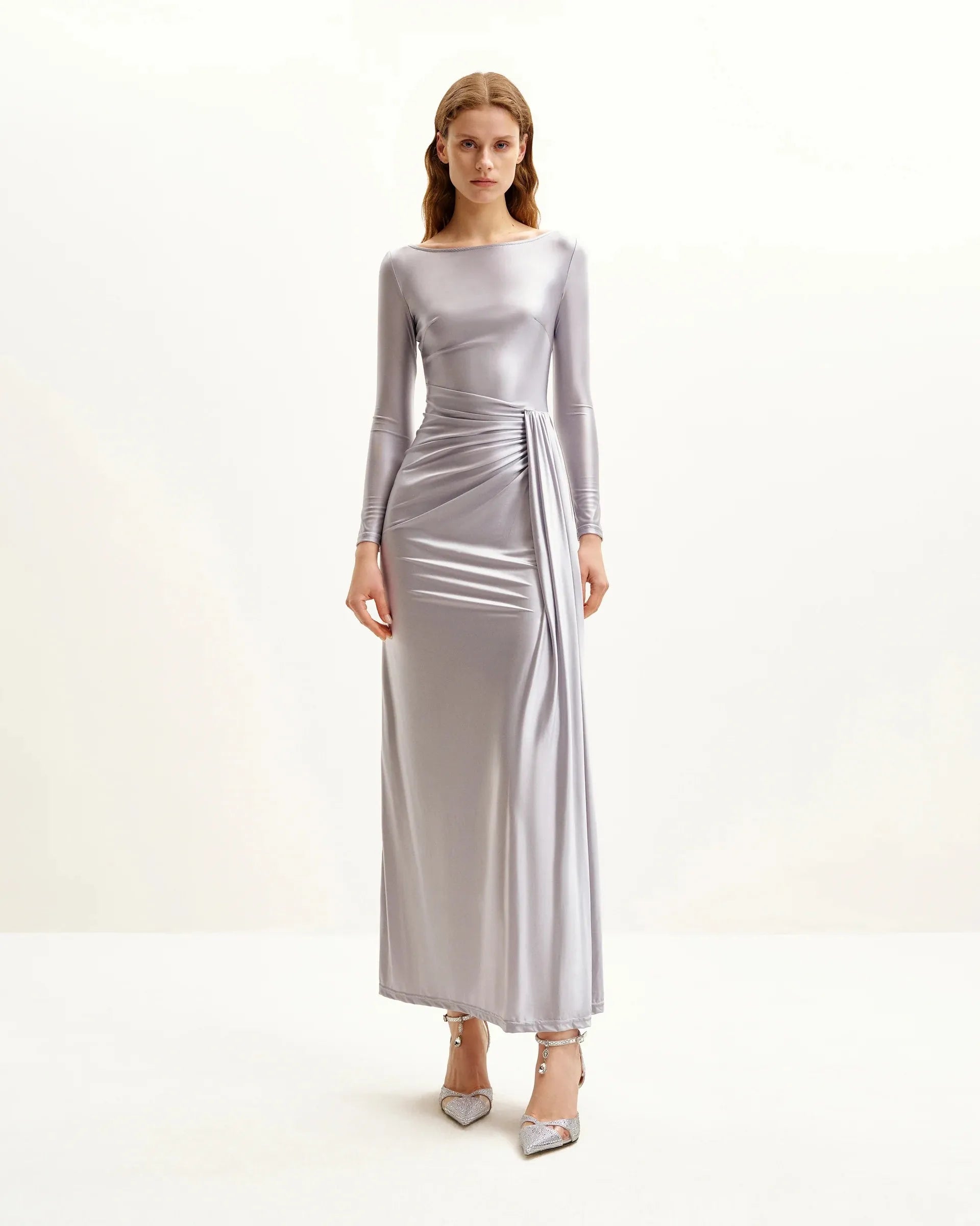 JW PEI_Silver_Amara Metallic Ruched Dress_DS289-9_Silver_01