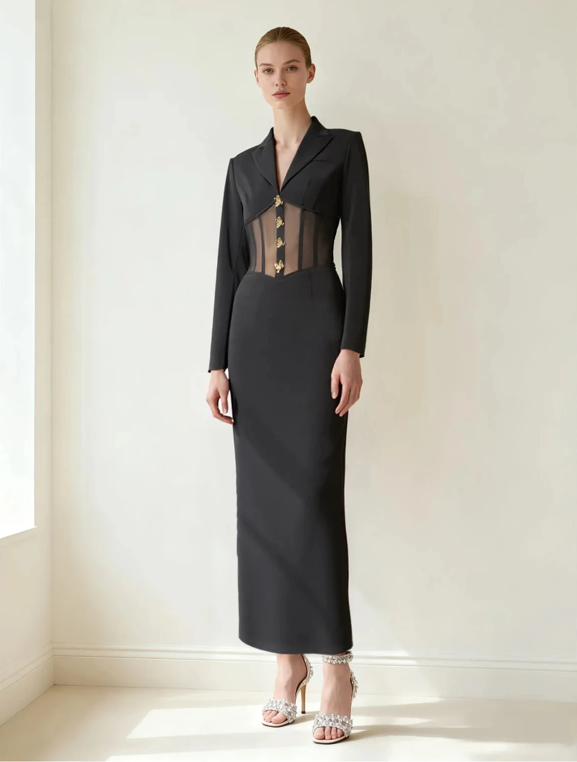 JW PEI_Black_Sheer Boned Corset Waist Blazer Maxi Dress_DZ083-1_Black_01