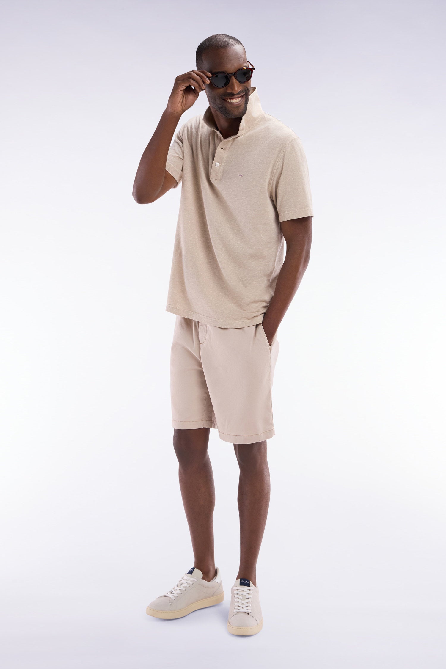 Eden Park_Elasticated Waistband Beige Bermuda Shorts in Lyocell and Stretch Cotton_E25BASBE0005_BEM7_03