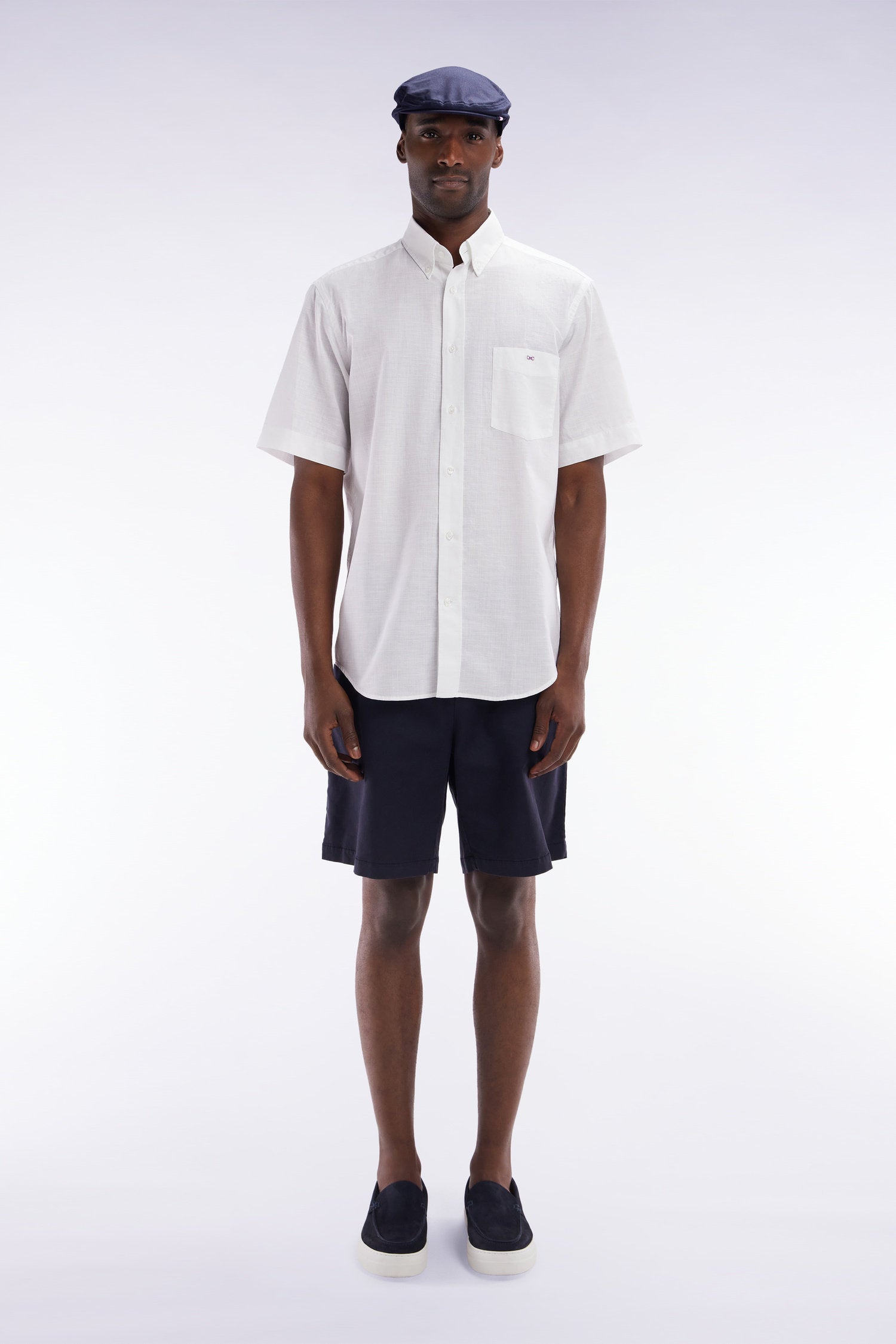 Eden Park_Elasticated Waistband Navy Bermuda Shorts in Lyocell and Stretch Cotton_E25BASBE0005_BLF_01