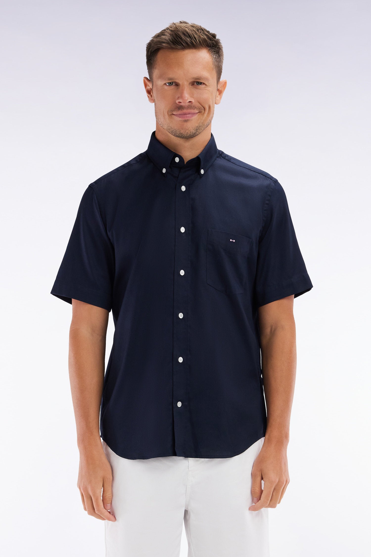 Eden Park_Straight Navy Cotton Short-Sleeved Shirt_E25CHECC0001_BLF_01