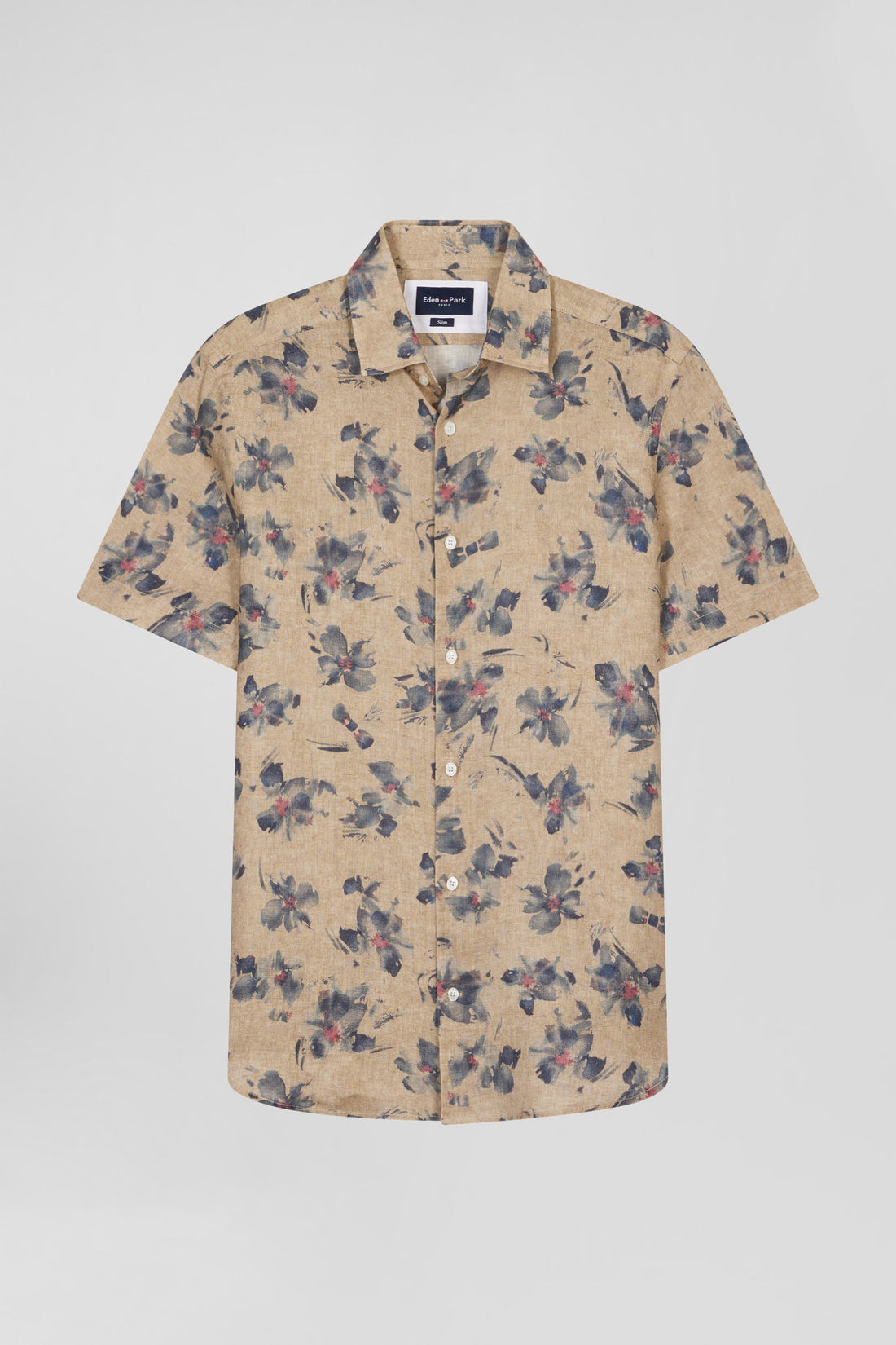 Eden Park_Slim-Fit Short-Sleeved Beige Linen Shirt with Grey Floral Print_E25CHECC0042_BEM_02