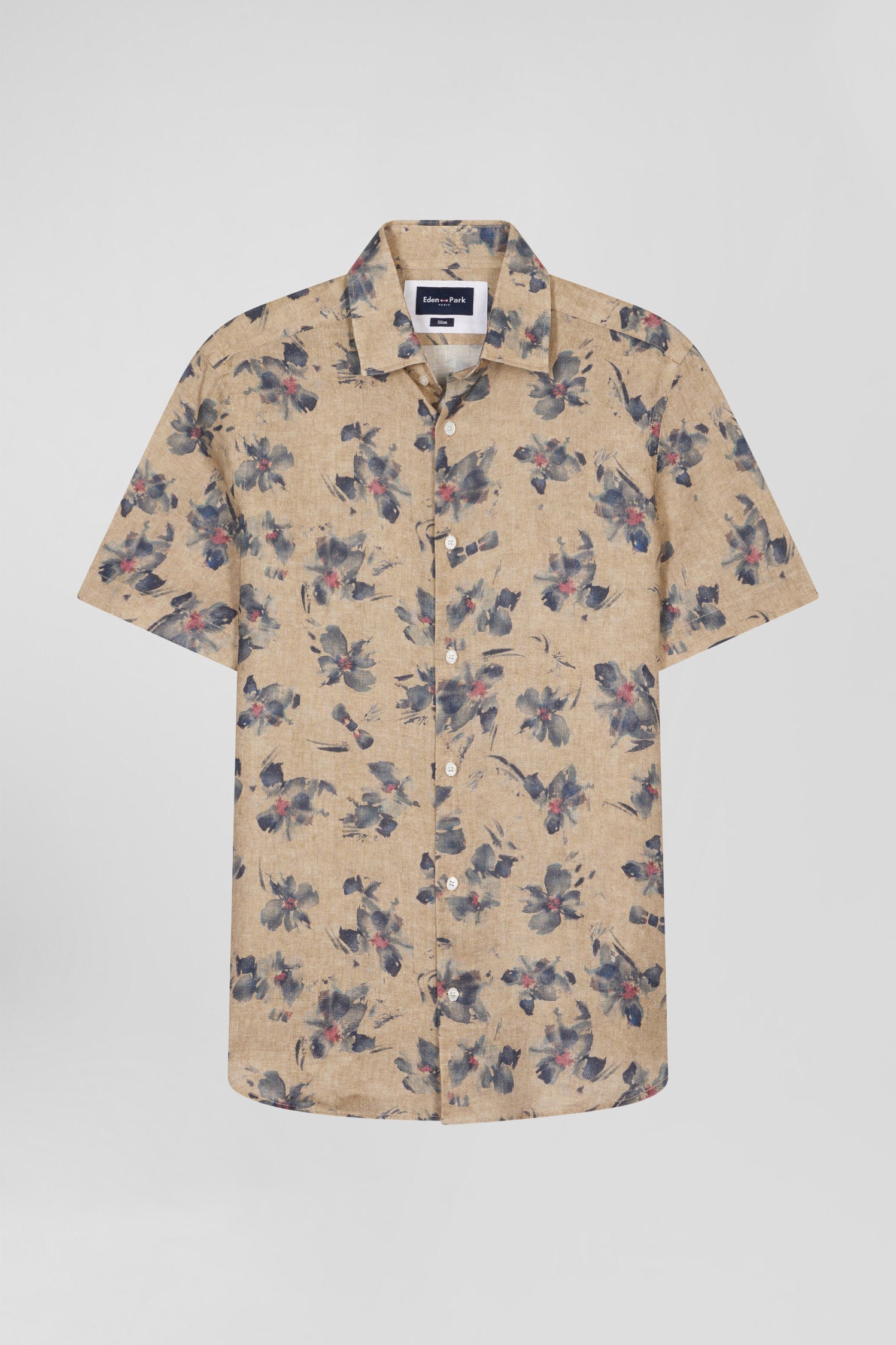 Eden Park_Slim-Fit Short-Sleeved Beige Linen Shirt with Grey Floral Print_E25CHECC0042_BEM_02