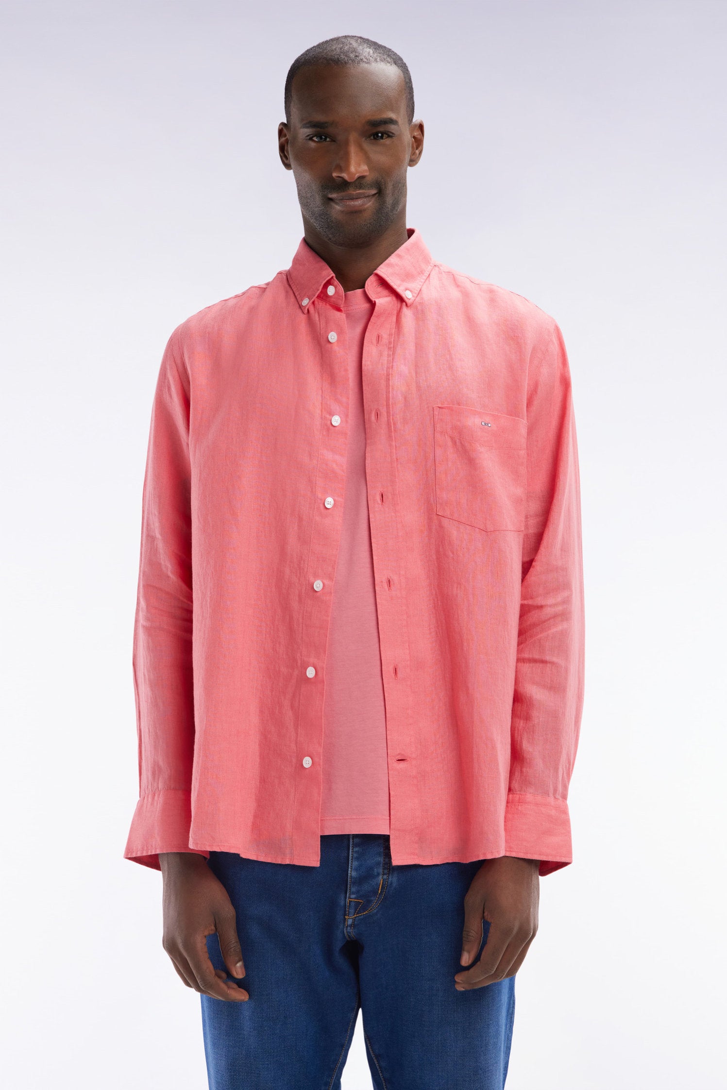Eden Park_Straight-Fit Salmon Linen Shirt_E25CHECL0005_ROF3_01