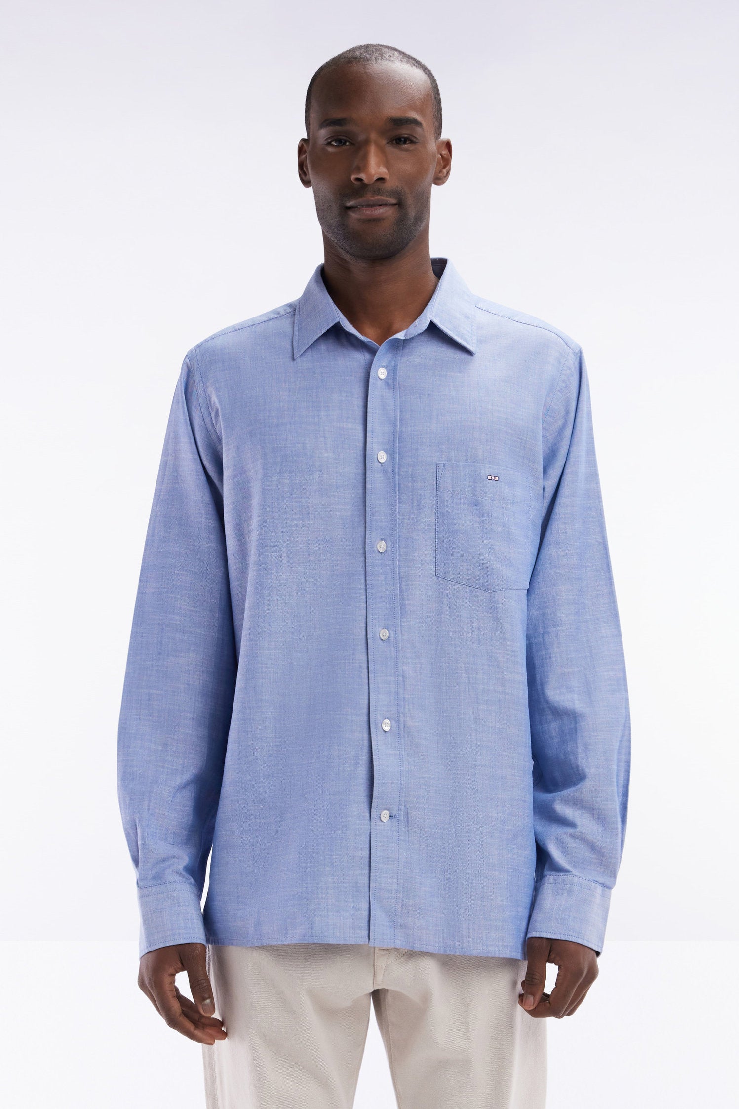 Eden Park_Grey Cotton Shirt with Patch Pocket_E25CHECL0034_GRM12_01