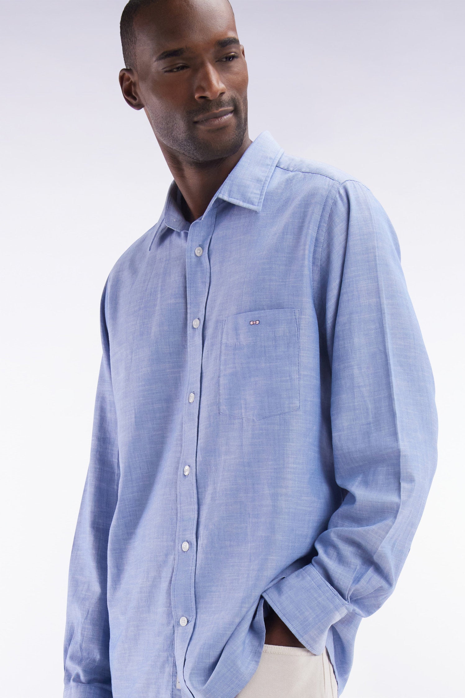 Eden Park_Grey Cotton Shirt with Patch Pocket_E25CHECL0034_GRM12_03