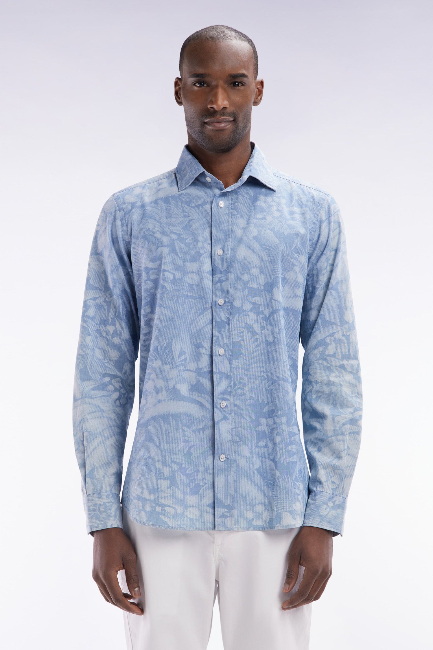 Eden Park_Slim-Fit Grey Chambray Printed Shirt_E25CHECL0058_GRM12_01