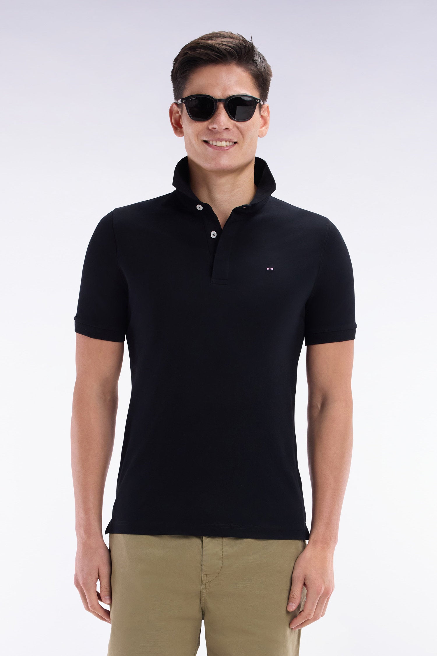 Eden Park_Slim-Fit Short-Sleeved Polo Shirt in Salmon Pink Stretch Cotton PiquŽ_E25MAIPC0001_NO_01