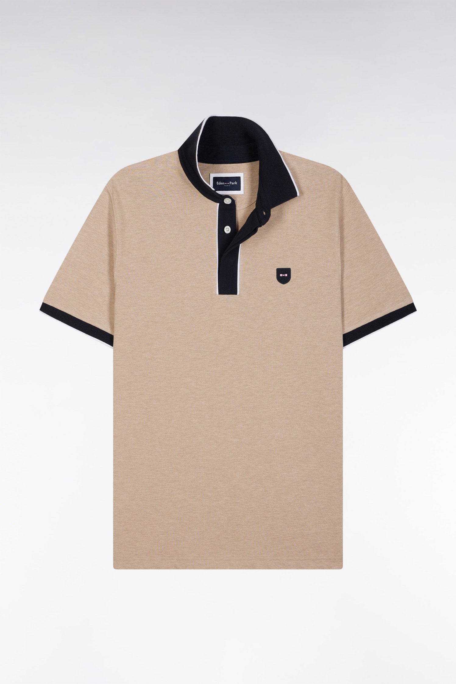 Eden Park_Slim-Fit Plain Short-Sleeved Polo Shirt in Beige Stretch Cotton with Contrasting Piping_E25MAIPC0009_BEC13_04