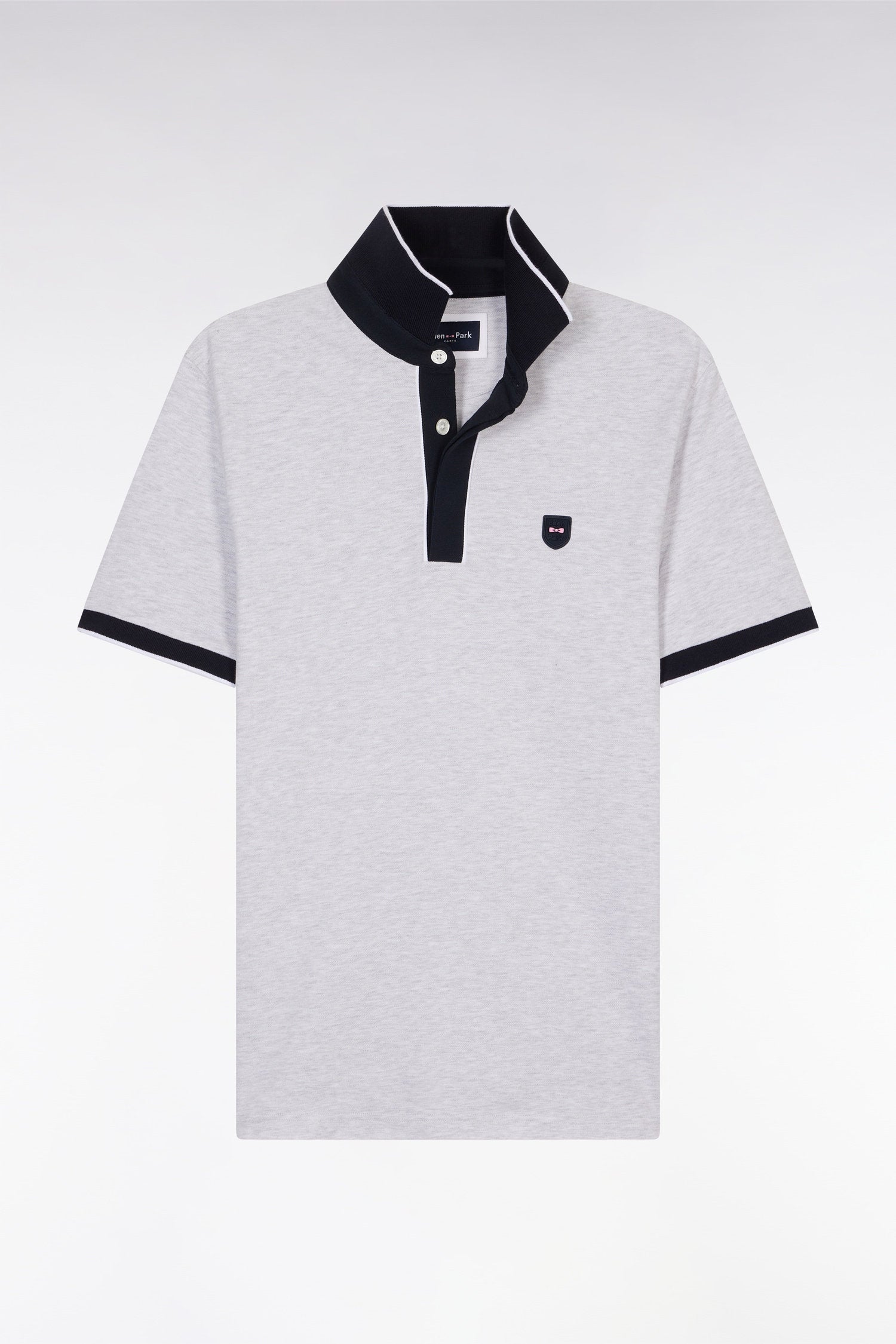 Eden Park_Slim-Fit Plain Short-Sleeved Polo Shirt in Grey Stretch Cotton with Contrasting Piping_E25MAIPC0009_GRC10_04