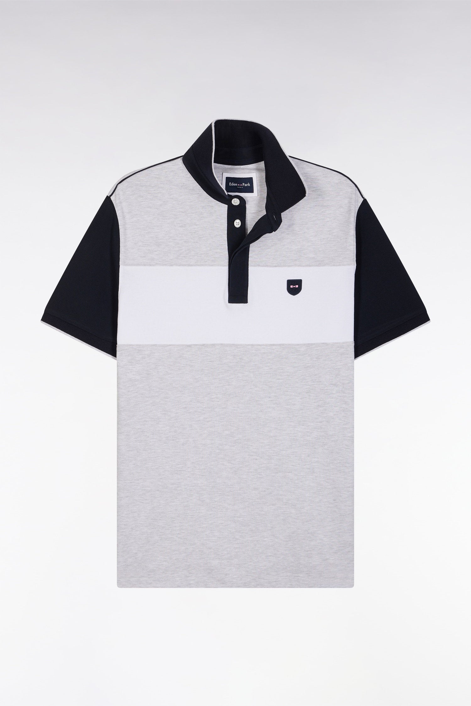 Eden Park_Slim-Fit Short-Sleeved Polo Shirt in Grey Stretch Cotton with Contrasted Stripe_E25MAIPC0010_GRC10_04