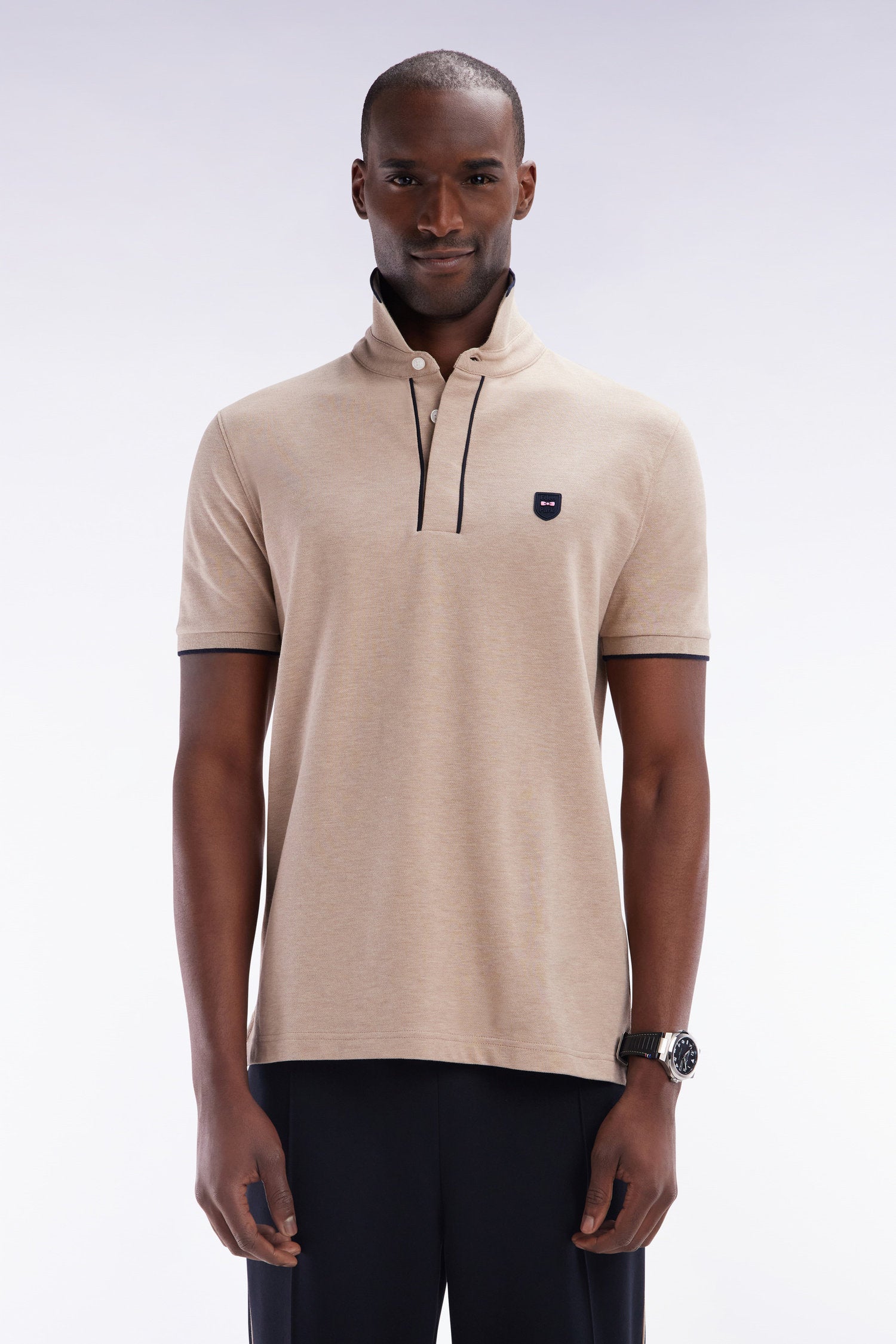 Eden Park_Slim-Fit Short-Sleeved Polo Shirt in Beige Stretch Cotton PiquŽ_E25MAIPC0011_BEC13_01