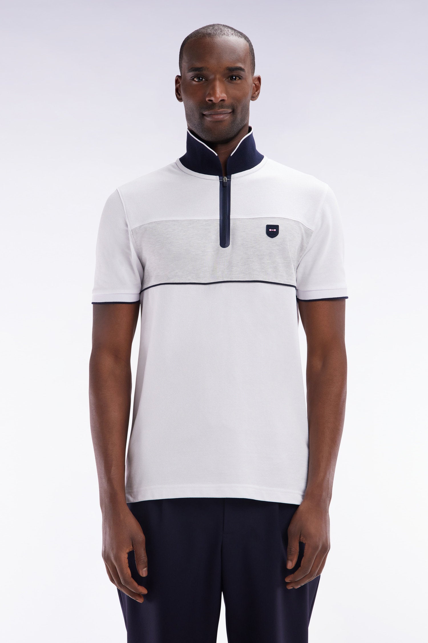 Eden Park_Slim-Fit Short-Sleeved Polo Shirt in White Stretch Mottled Cotton PiquŽ with Contrasting Accents_E25MAIPC0013_BC_01