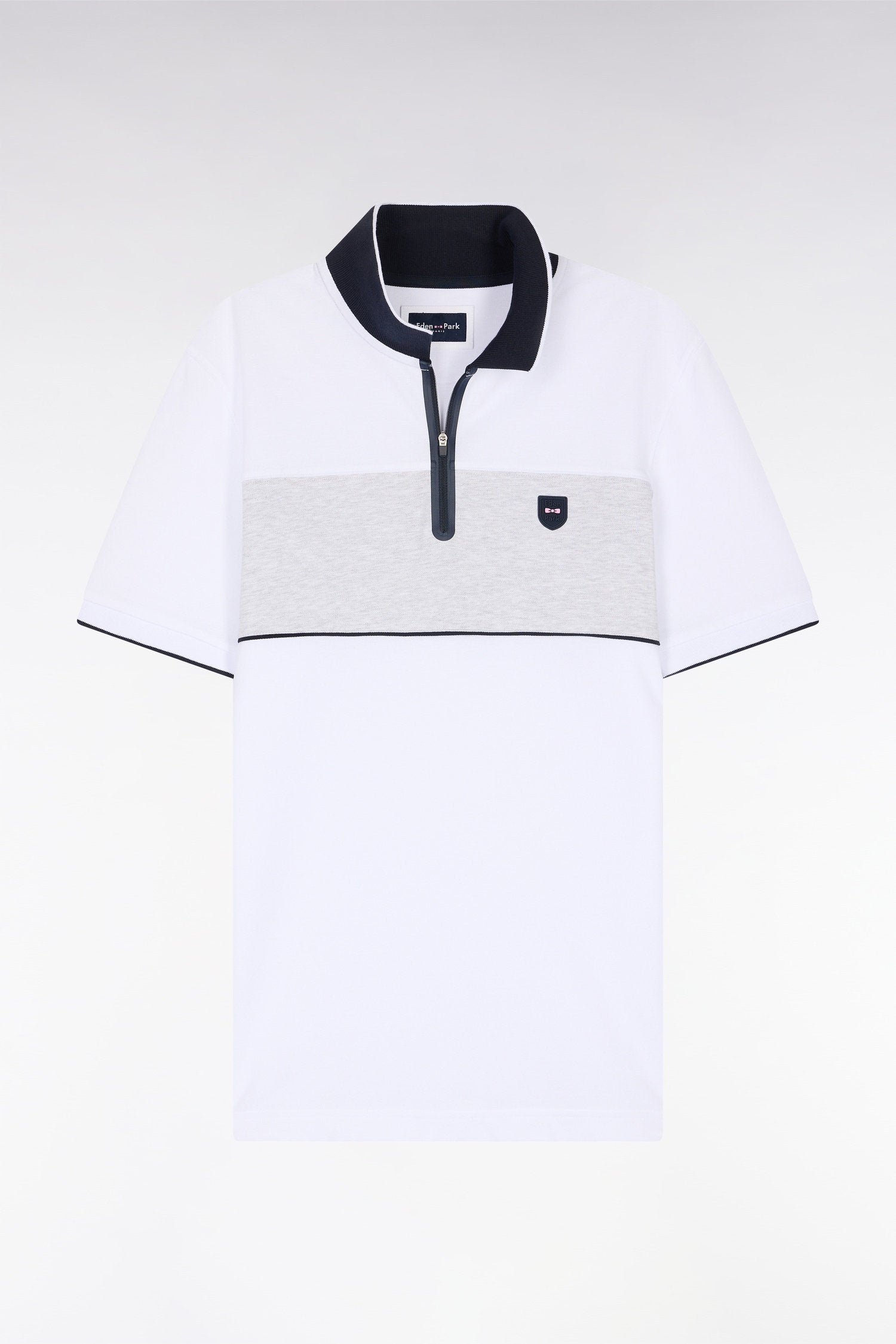 Eden Park_Slim-Fit Short-Sleeved Polo Shirt in White Stretch Mottled Cotton PiquŽ with Contrasting Accents_E25MAIPC0013_BC_04