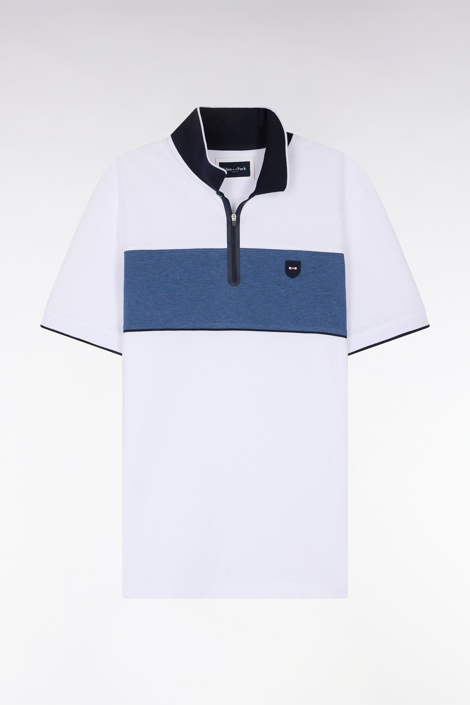 Eden Park_Slim-Fit Short-Sleeved Polo Shirt in Grey Stretch Mottled Cotton PiquŽ with Contrasting Accents_E25MAIPC0013_BLM30_04