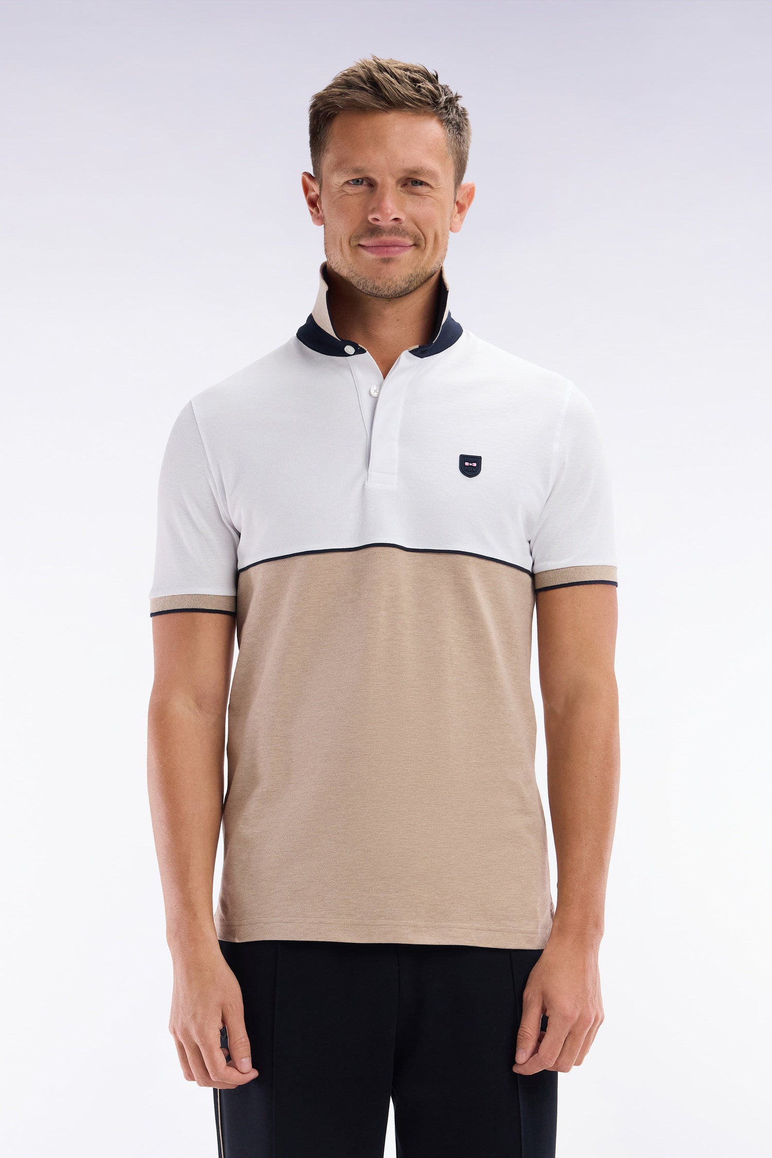 Eden Park_Slim-Fit Two-Tone Beige Stretch Cotton Short-Sleeved Polo Shirt_E25MAIPC0015_BEC13_01