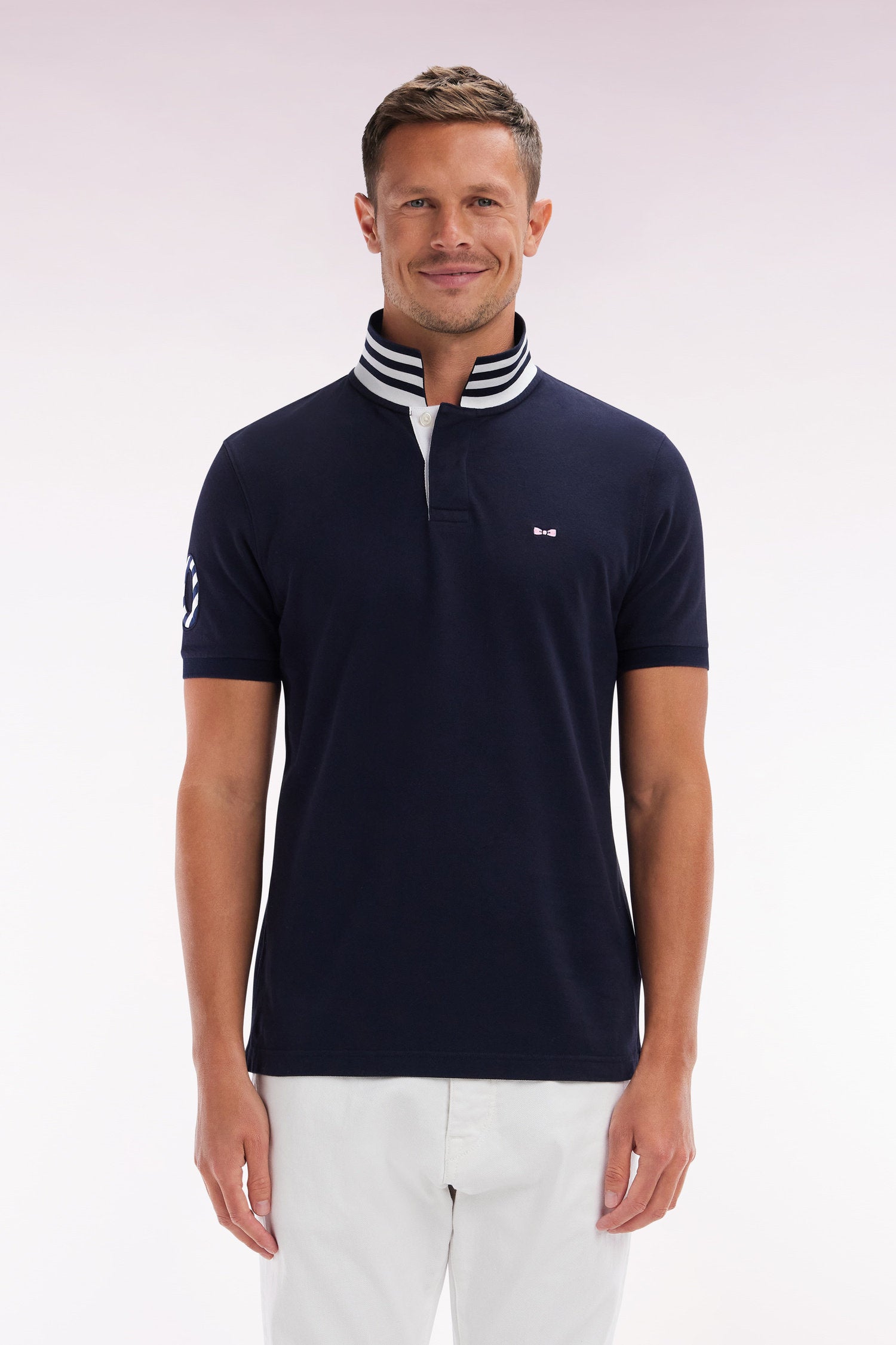 Eden Park_Straight-Fit Short-Sleeved Polo Shirt in Navy Cotton PiquŽ with 10 Sleeves Embroidery_E25MAIPC0031_BLF_01