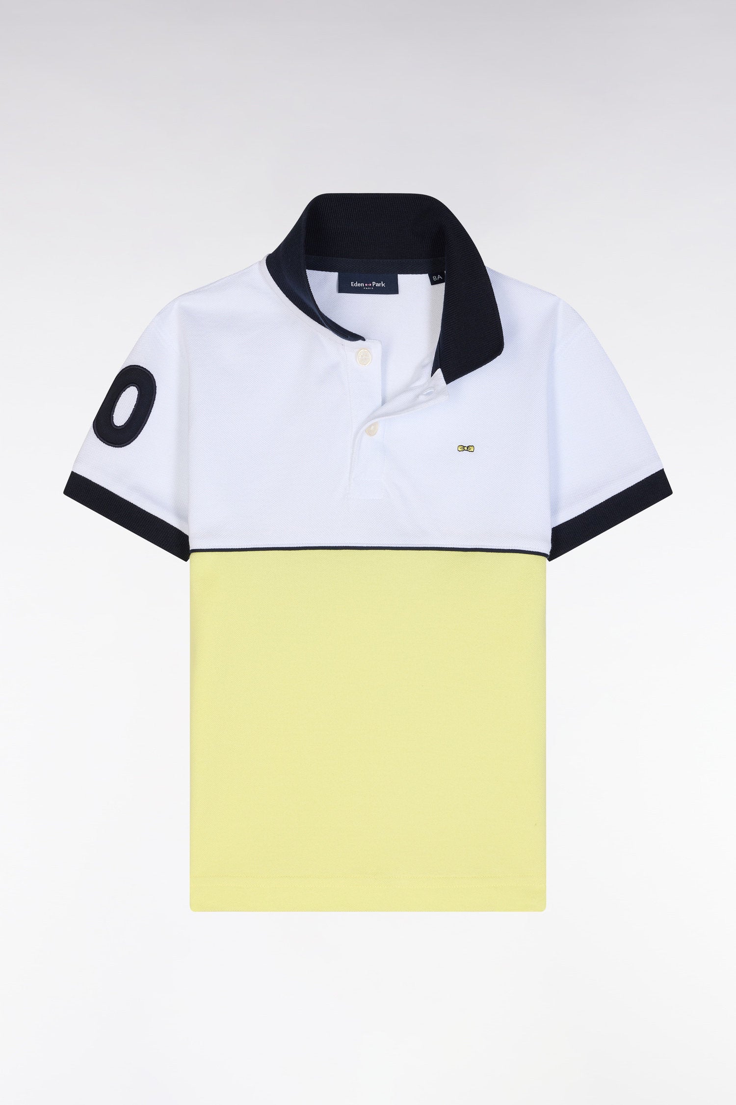 Eden Park_Straight-Fit Two-Tone Short-Sleeved Polo Shirt in Yellow Cotton with Number 10 Embroidery_E25MAIPC0045_JAC13_01
