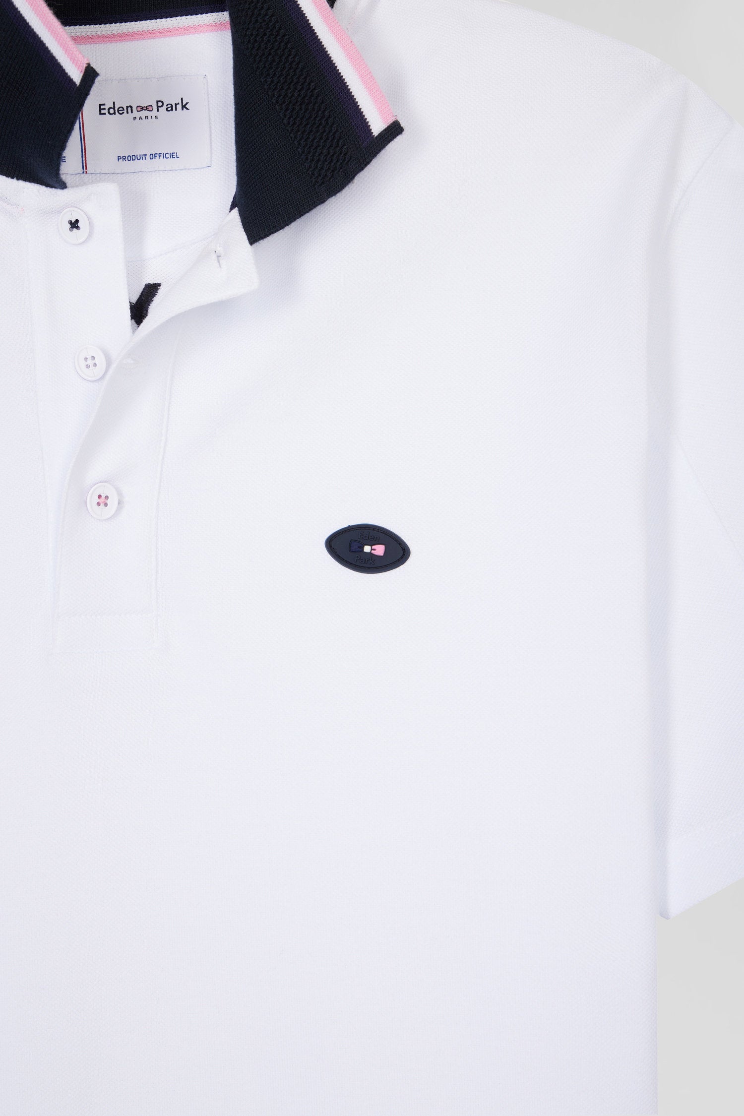 Eden Park_Straight-Cut Short-Sleeved Polo Shirt in White Cotton with Two-Tone Ribbed Edges_E25MAIPC0057_BC_05