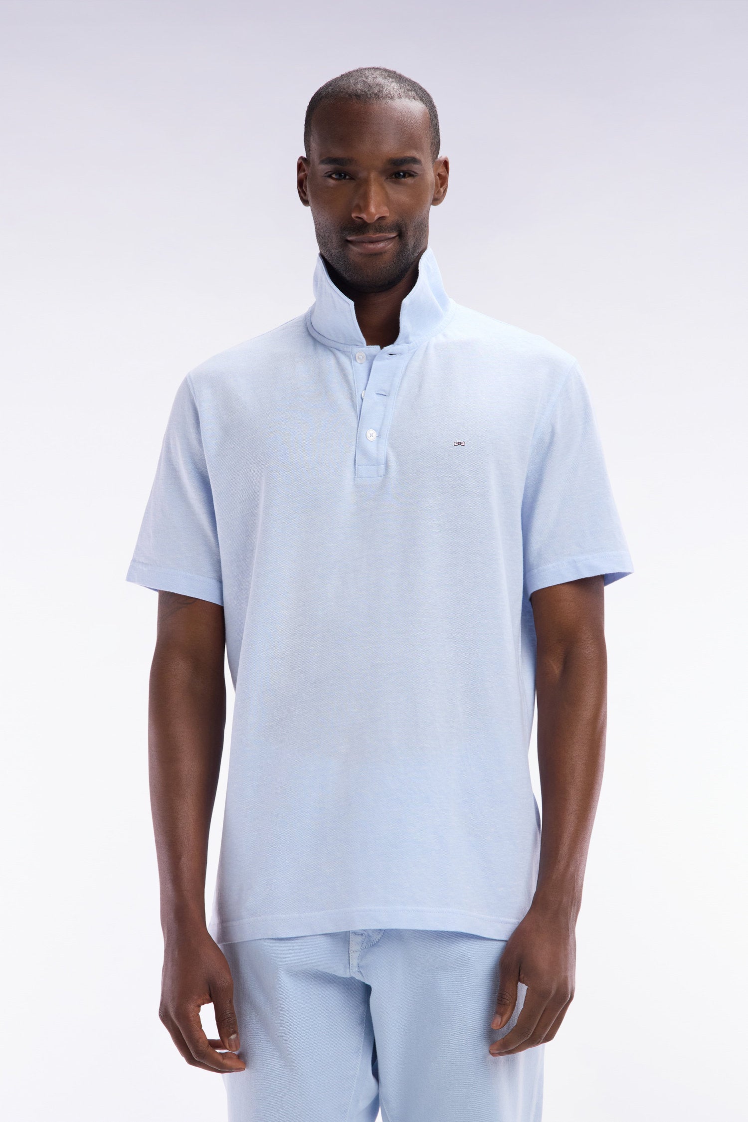 Eden Park_Straight-Fit Short-Sleeved Polo Shirt in Grey Blue Cotton-Linen Blend_E25MAIPC0061_BLC6_01