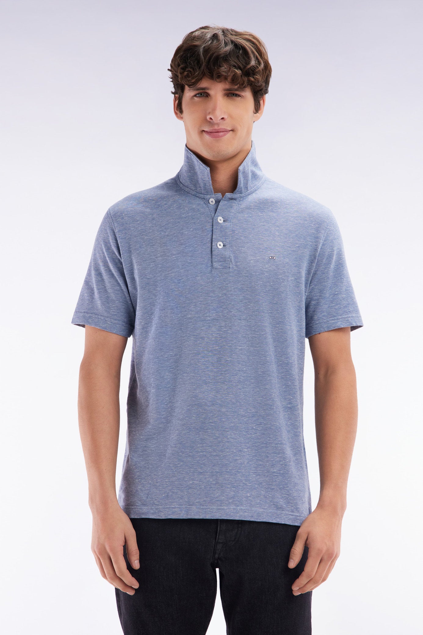 Eden Park_Straight-Fit Short-Sleeved Polo Shirt in Dark Grey Cotton-Linen Blend_E25MAIPC0061_GRM12_01