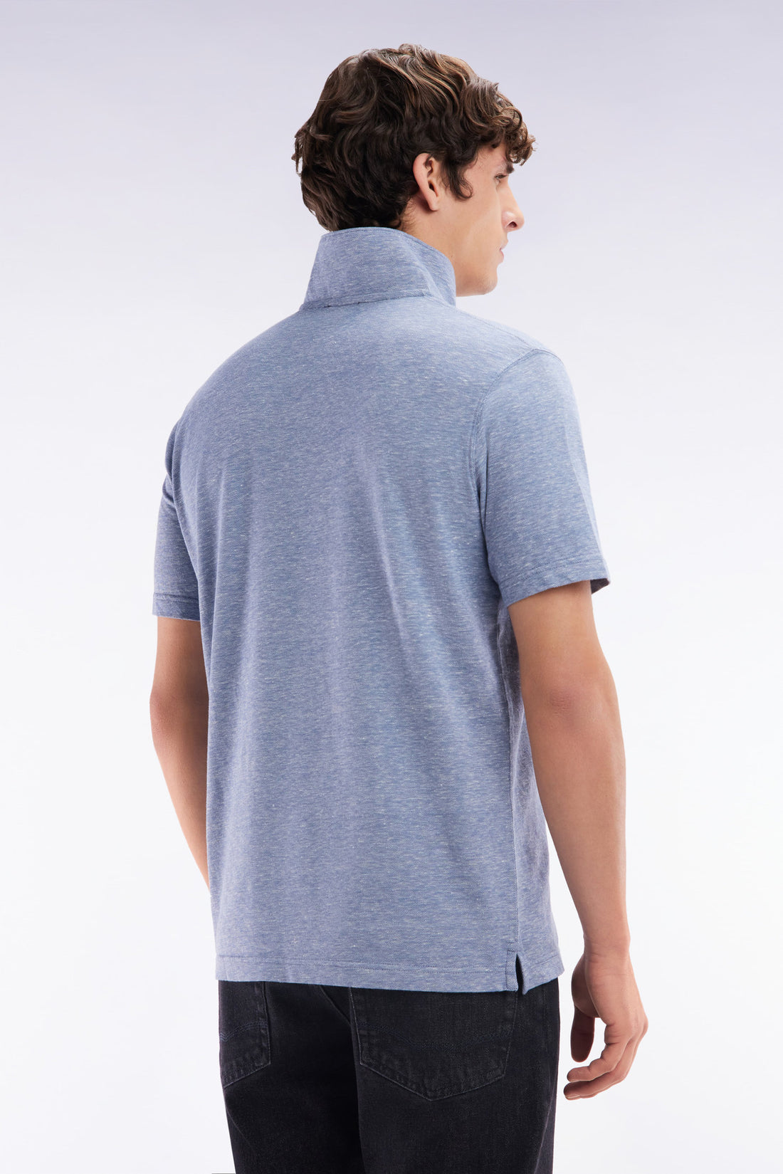 Eden Park_Straight-Fit Short-Sleeved Polo Shirt in Dark Grey Cotton-Linen Blend_E25MAIPC0061_GRM12_02