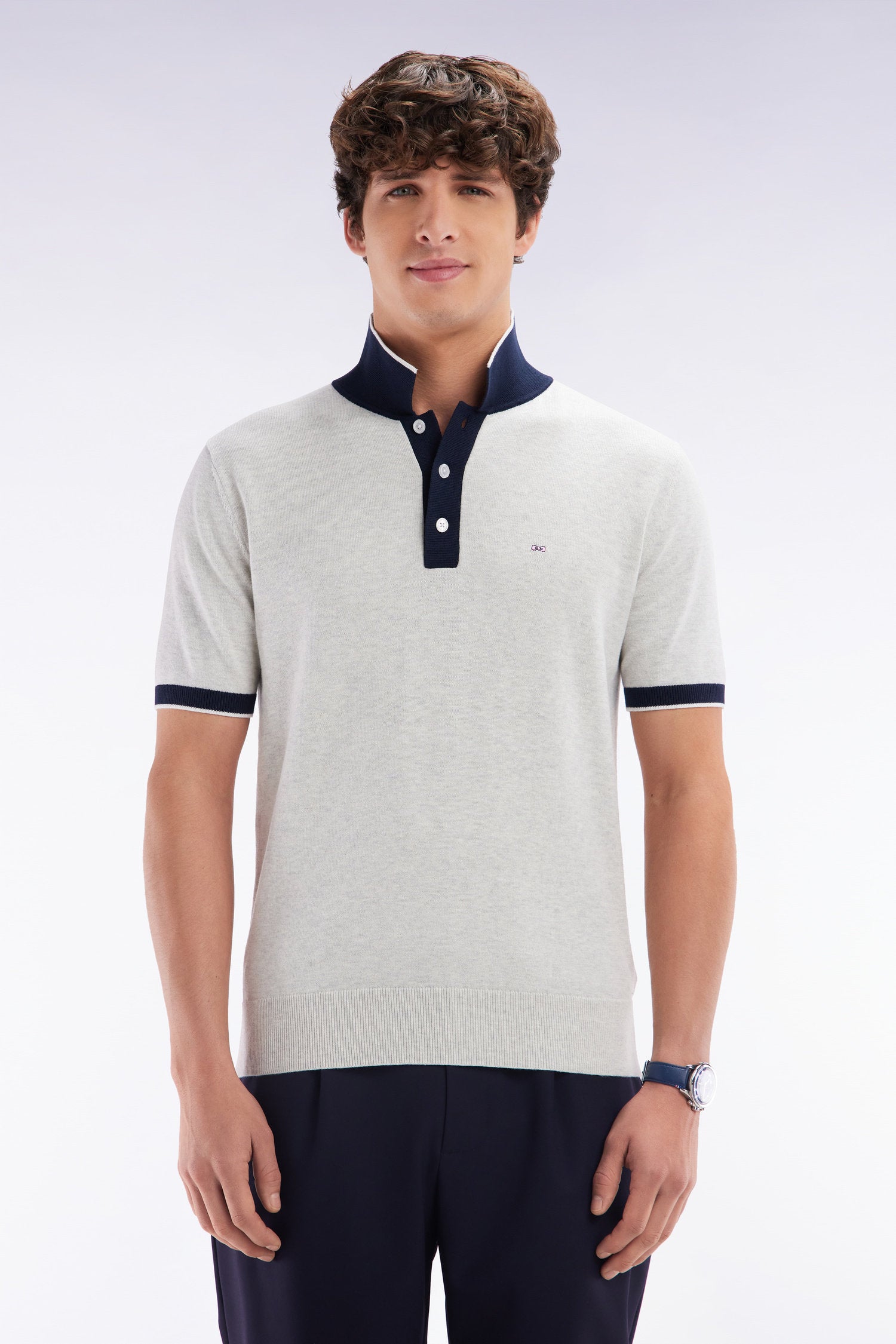 Eden Park_Straight-Fit Short-Sleeved Polo Collar Jumper in Grey Cotton_E25MAIPU0010_GRC10_01