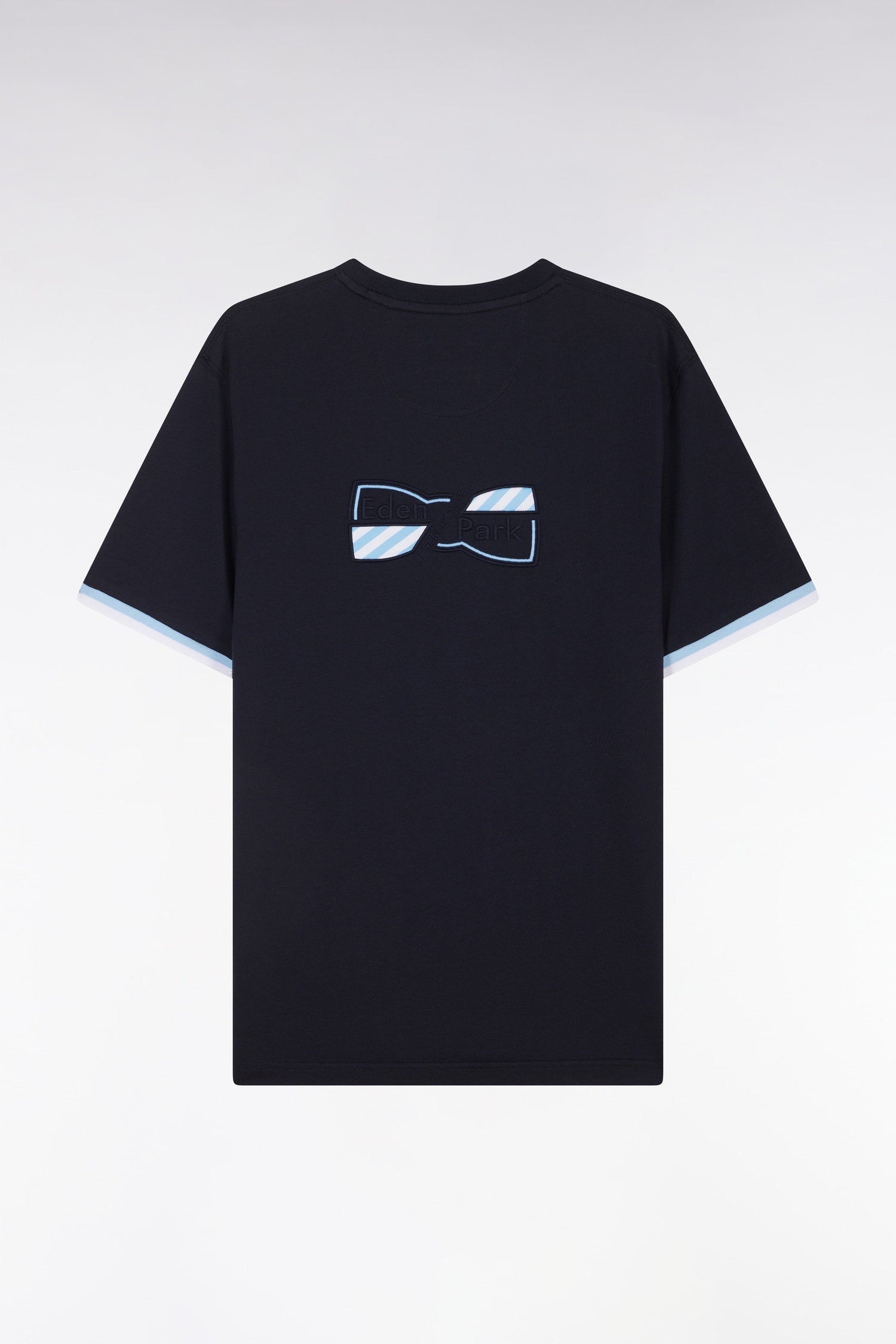 Eden Park_Straight-Fit Two-Tone Navy Cotton T-Shirt with Bow Tie Embroidery_E25MAITC0035_BLF_01