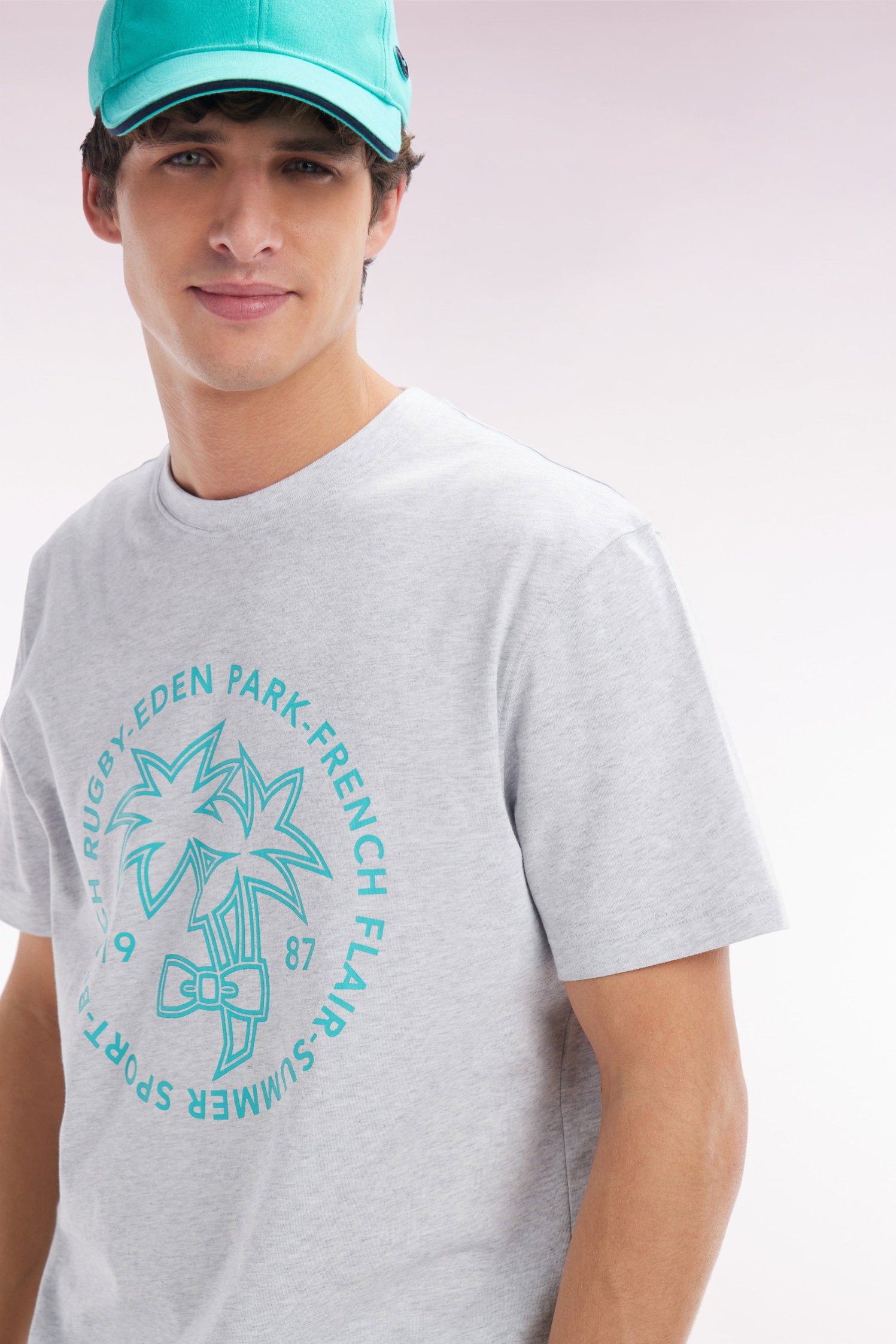 Eden Park_Grey Cotton T-Shirt with Palm Tree Screen print_E25MAITC0069_GRC10_03