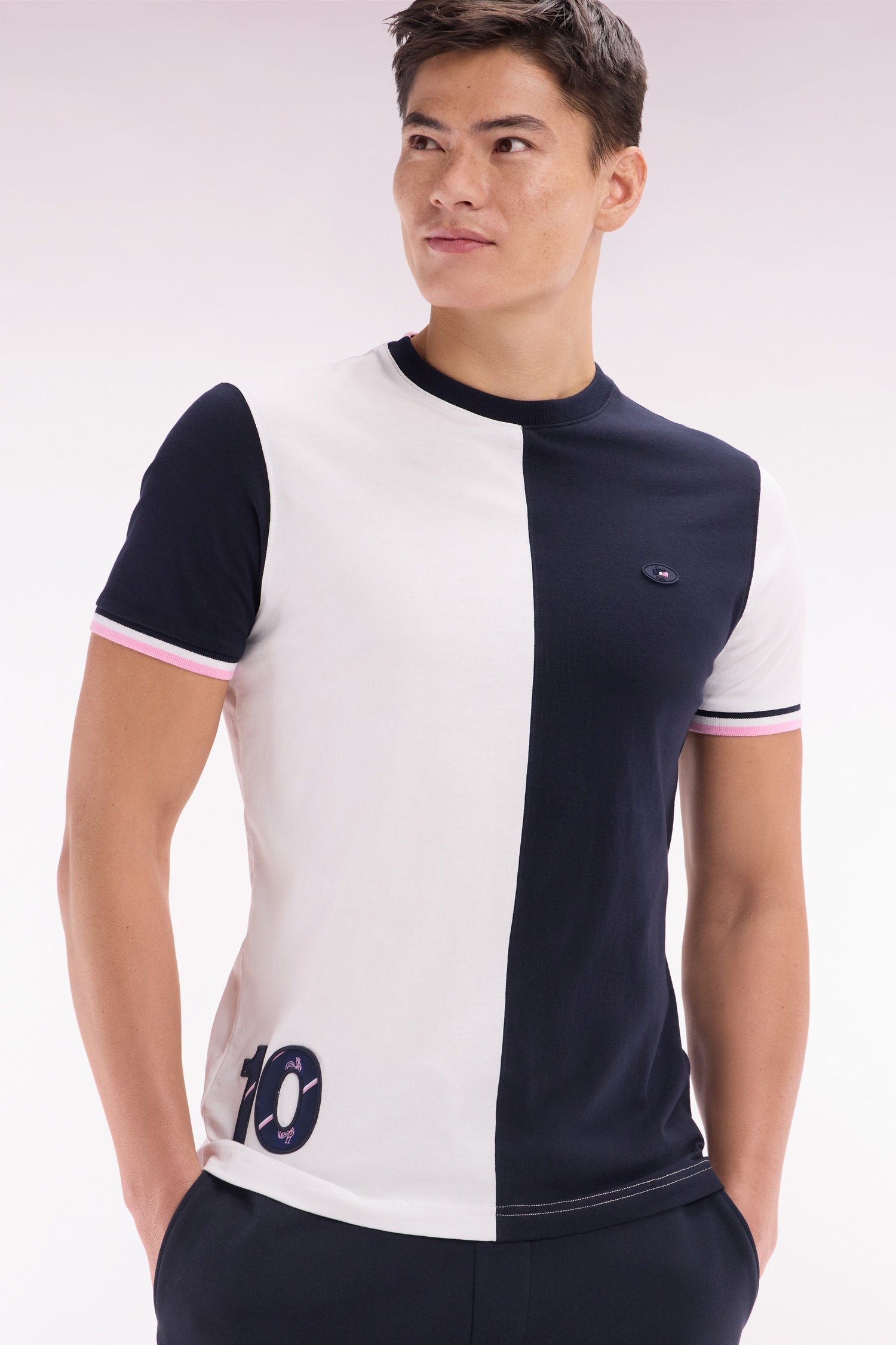 Eden Park_Two-Tone XV De France Straight-Cut White Cotton T-Shirt_E25MAITC0073_BC_03