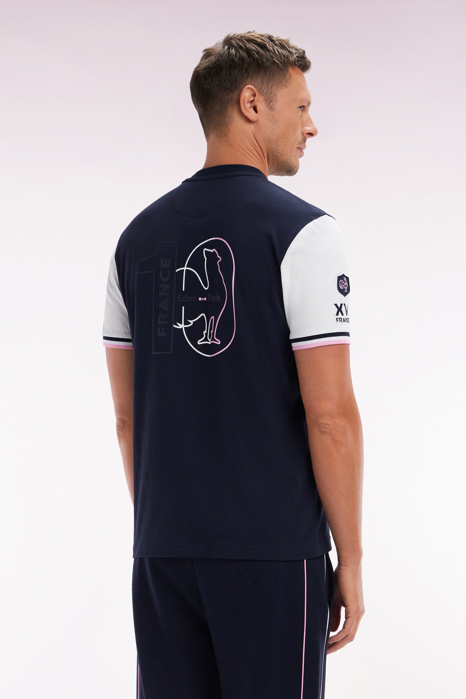 Eden Park_Straight-Fit Two-Tone XV De France T-Shirt in Navy Cotton with Rooster Embroidery_E25MAITC0076_BLF_02