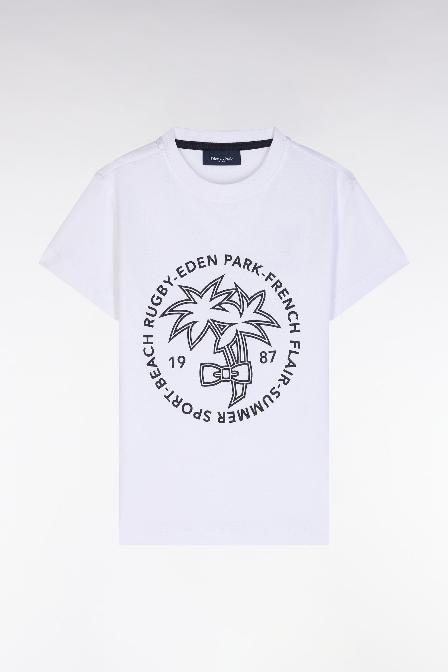Eden Park_Straight-Fit White Cotton T-Shirt with Navy Palm Silkscreen_E25MAITC0082_BC_01