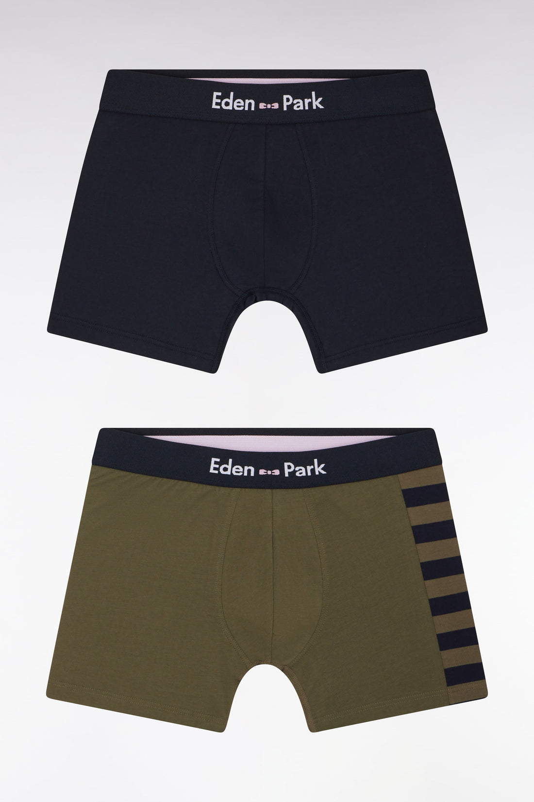 Eden Park_Pack of Navy and Khaki Stretch Cotton Jersey Boxer Briefs with Striped Details_E25SVEPK0006_KAF5_01