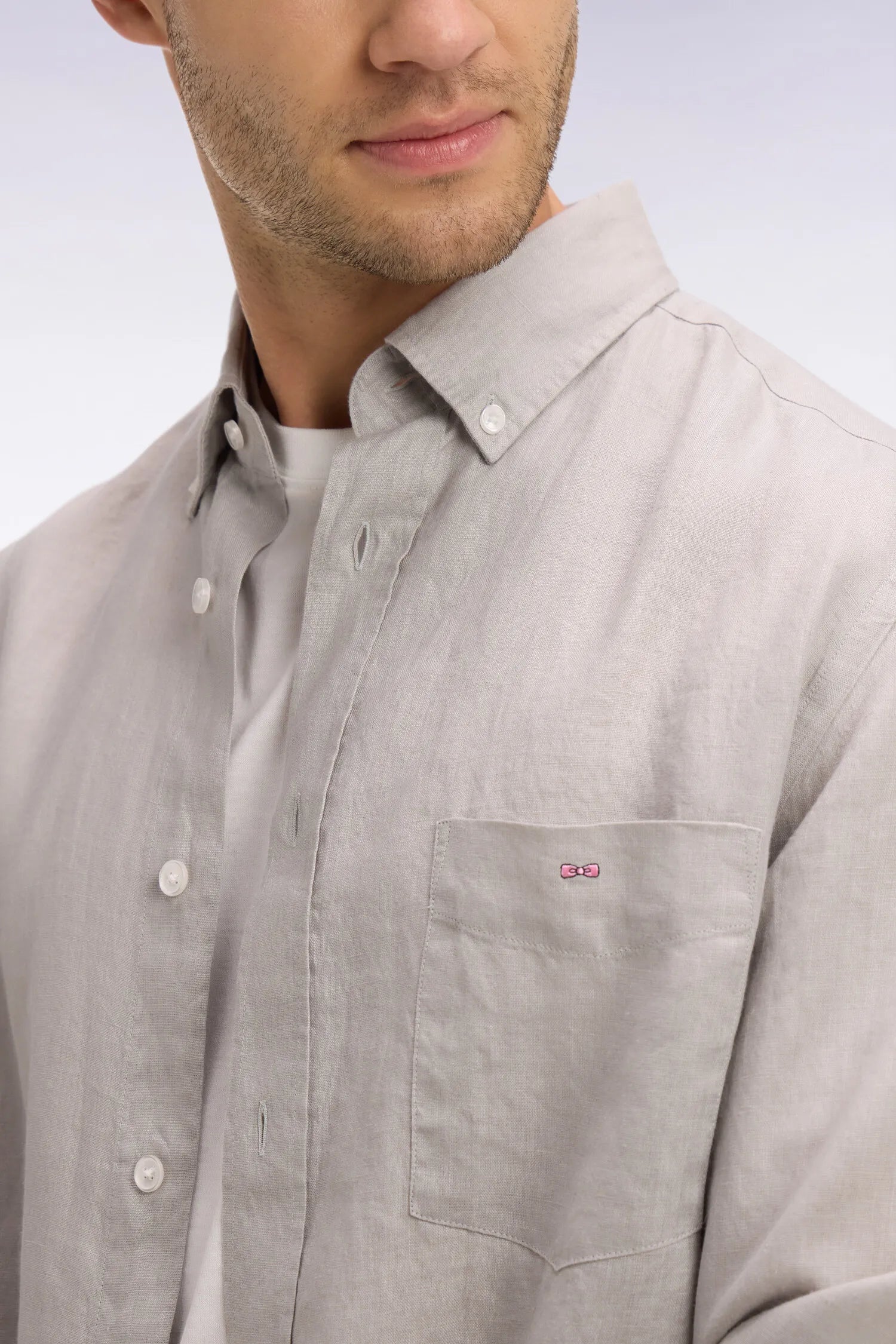 Eden Park Grey Men Straight-Cut Shirt in Grey Linen SKU: E26CHECL0001_GRM5 Image 04