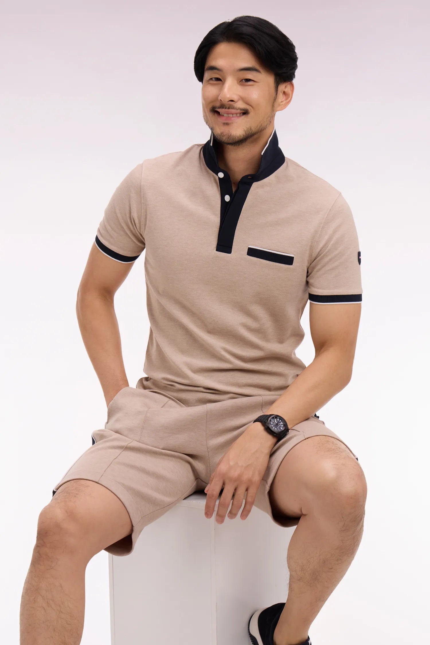 Eden Park Beige Men Short-Sleeved Polo Shirt in Beige Stretch Cotton Pique Slim Fit SKU: E26MAIPC0001_BEC13 Image 03