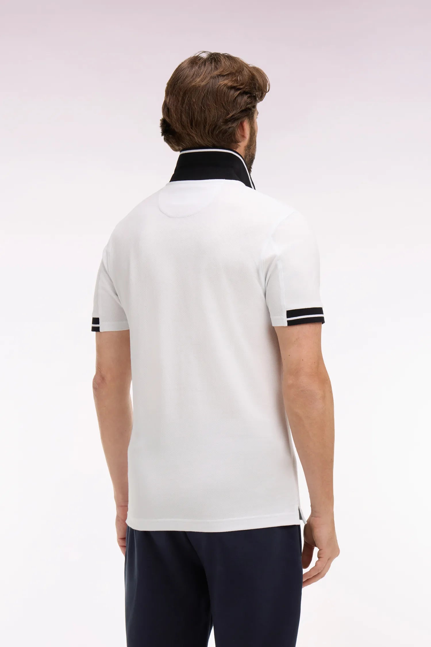 Eden Park White Men Short-Sleeved Polo Shirt in White Cotton Pique with Navy Details SKU: E26MAIPC0045_BC Image 05