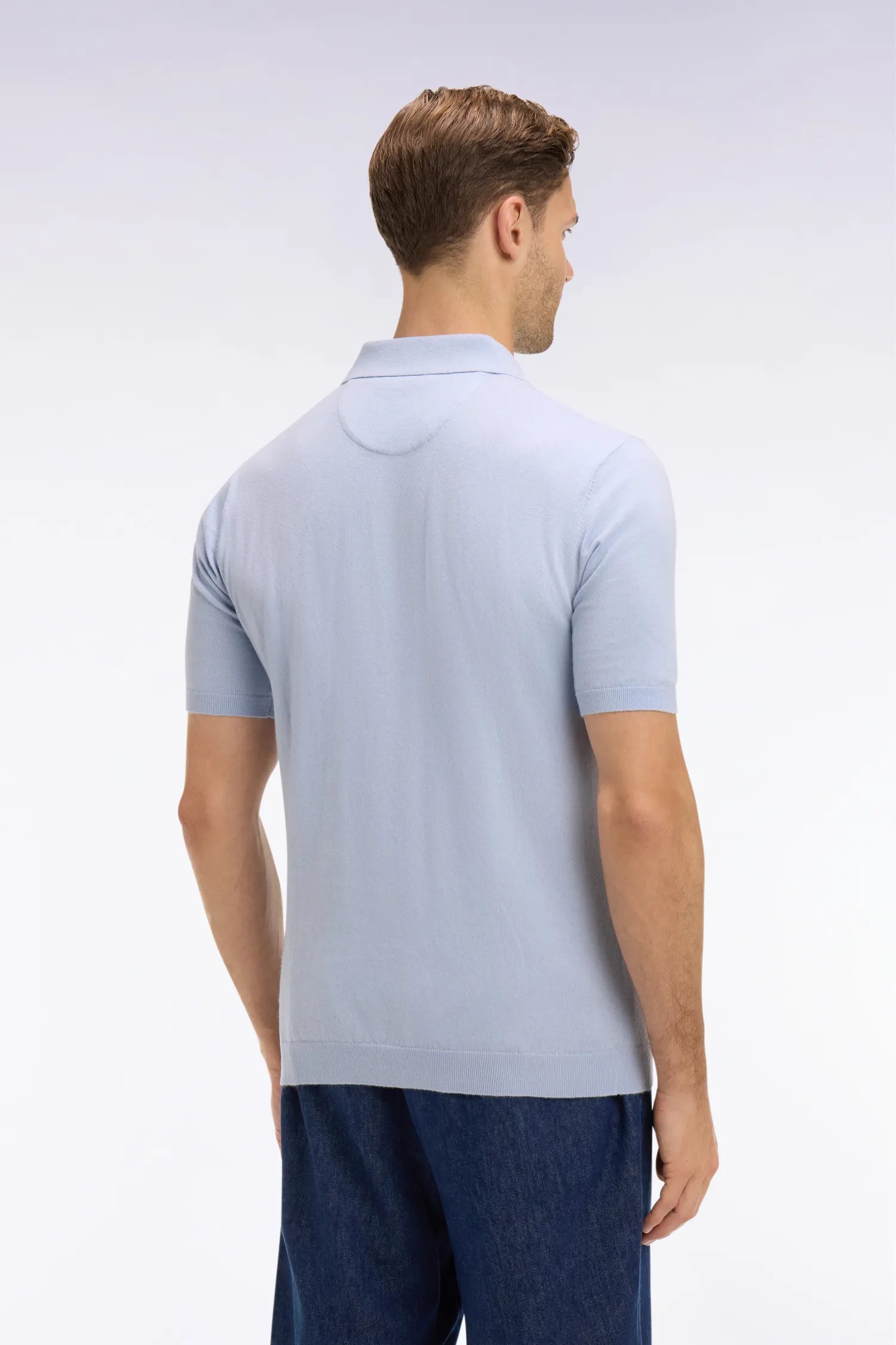 Eden Park 0 Men Sky Blue Short-Sleeved Polo-Neck Sweater in Cotton and Silk Blend SKU: E26MAIPU0004_BLC6 Image 04